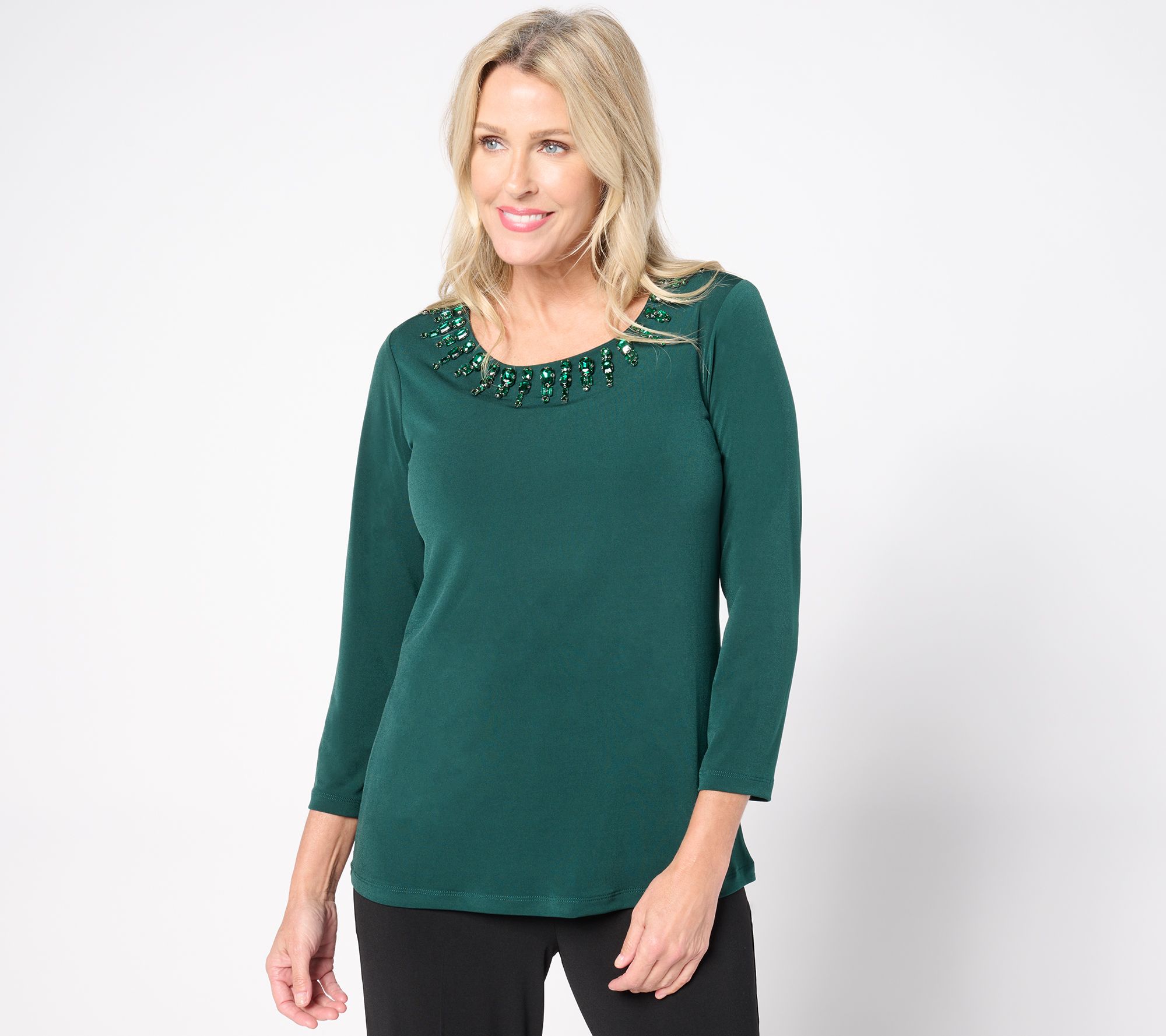 Susan Graver Artisan Embellished Neck Top with 3/4 Sleeves