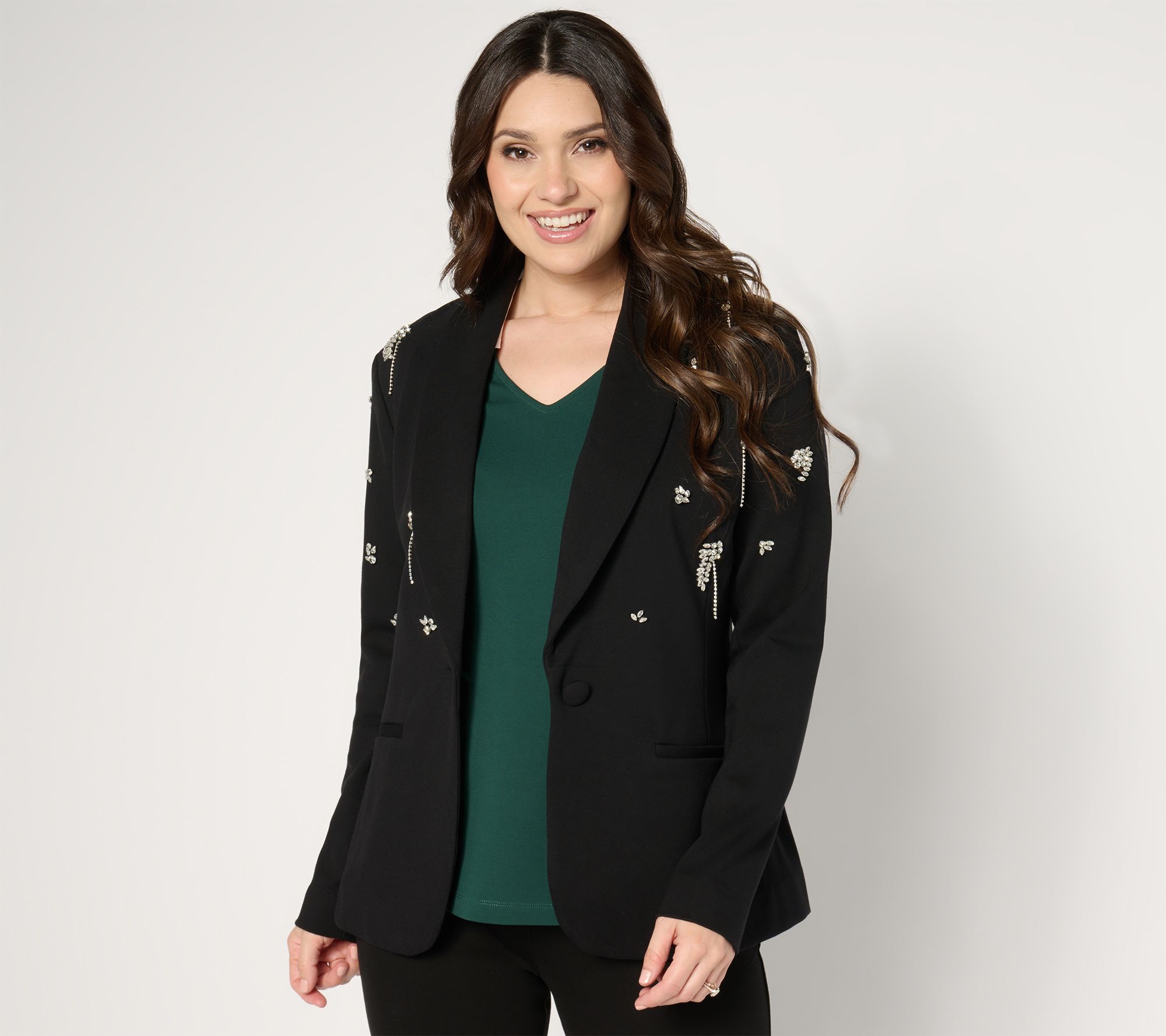 GRAVER Susan Graver Embellished Ponte Shawl Collar Blazer