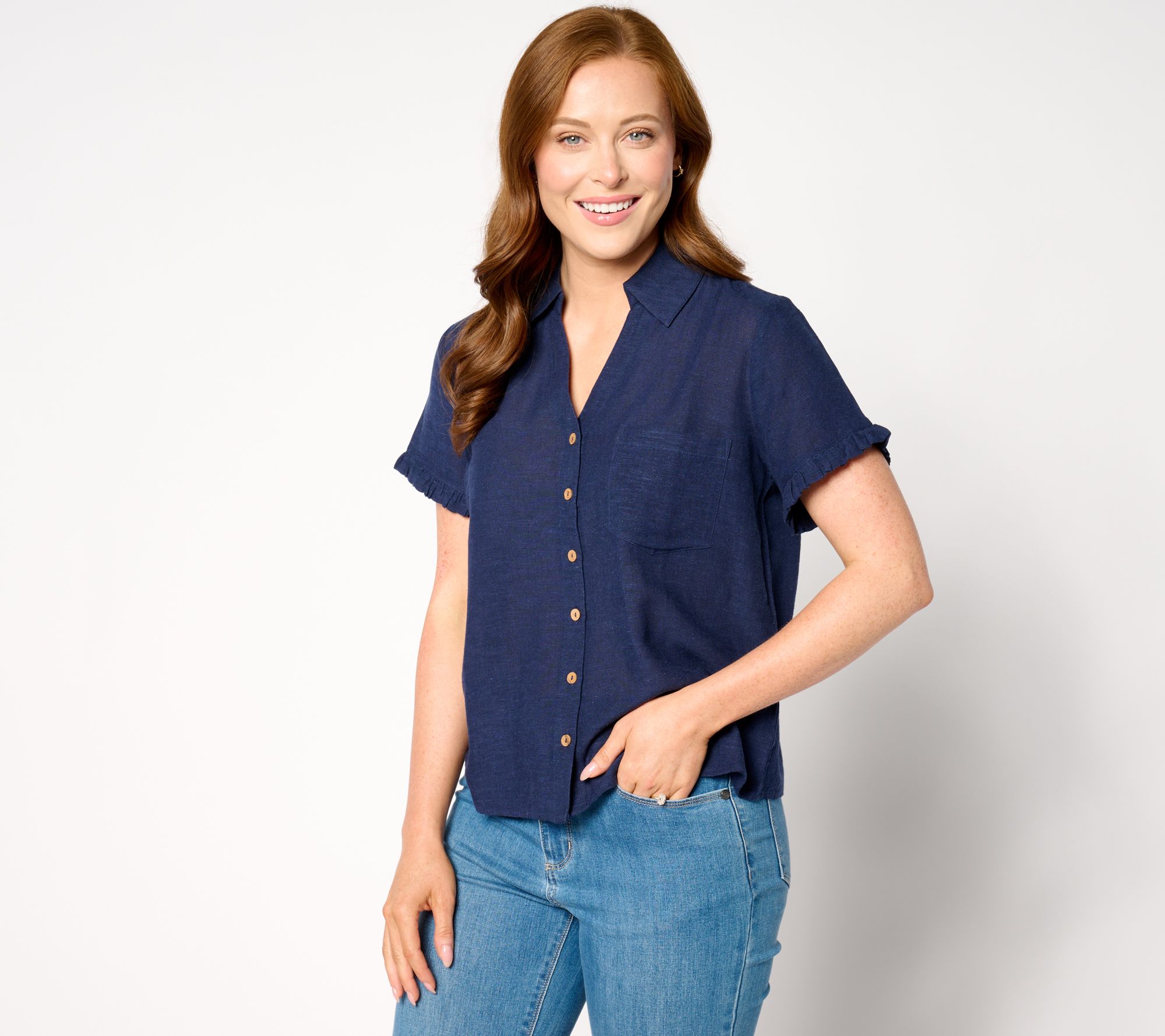 "As Is" AnyBody Short Sleeve Button Front Linen Blend Camp Shirt