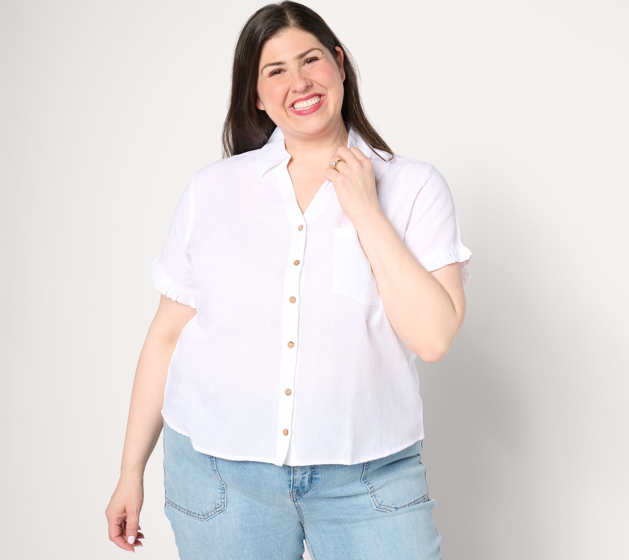 "As Is" AnyBody Short Sleeve Button Front Linen Blend Camp Shirt