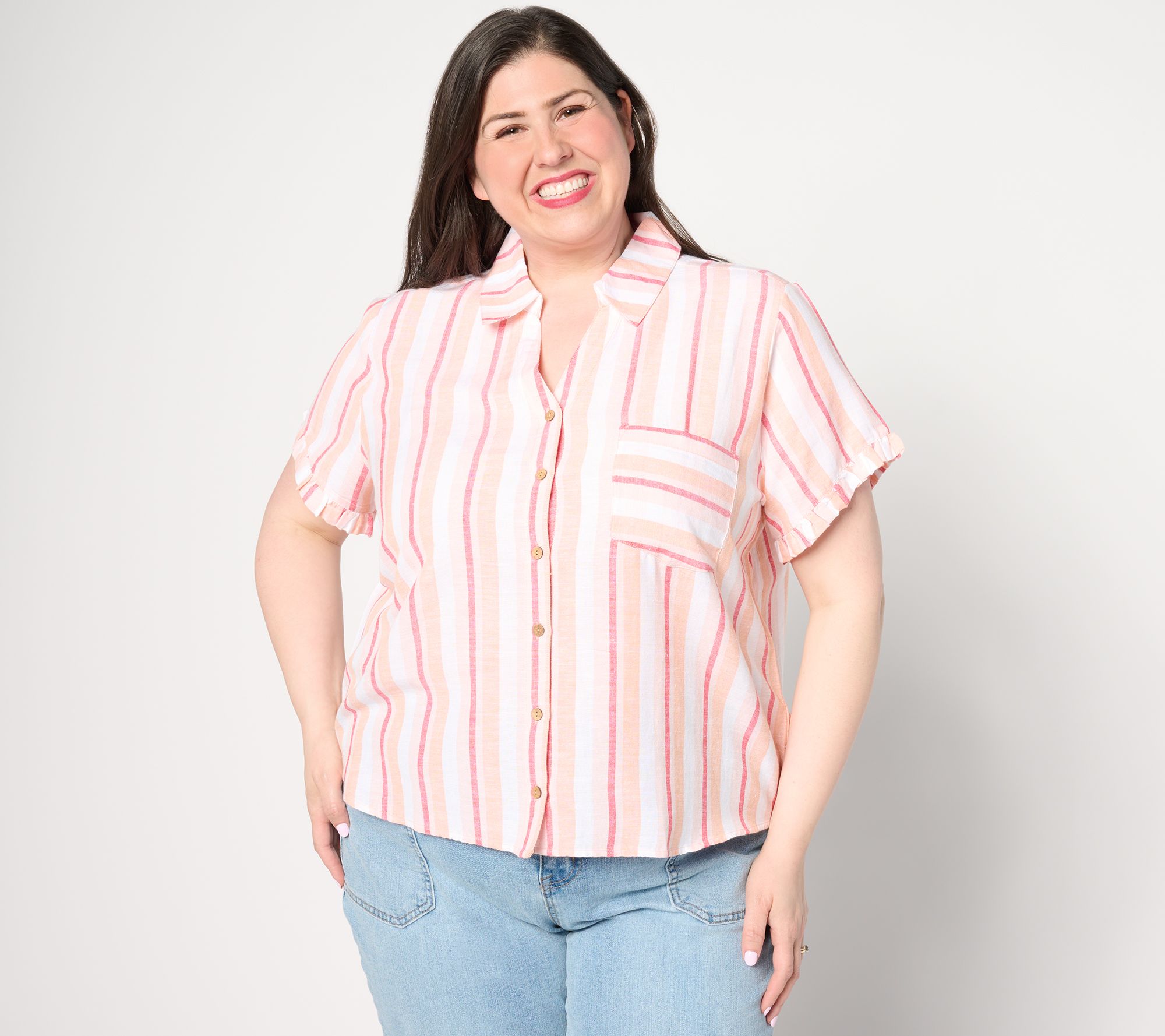 "As Is" AnyBody Short Sleeve Button Front Linen Blend Camp Shirt