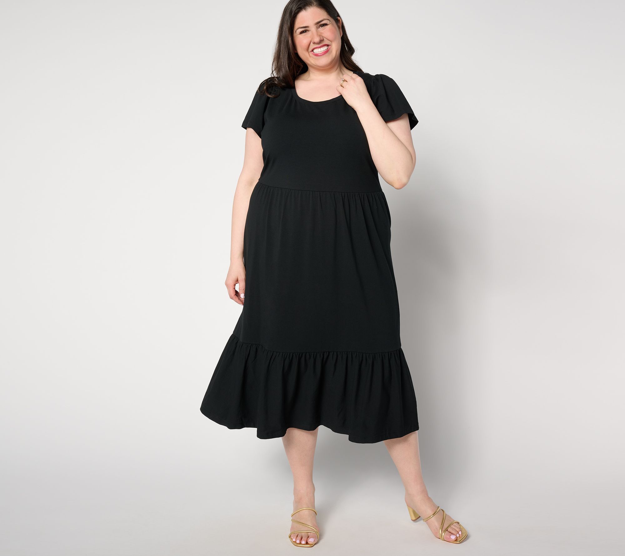 "As Is" Isaac Mizrahi Live! Petite Flutter Sleeve Tiered Midi Dress