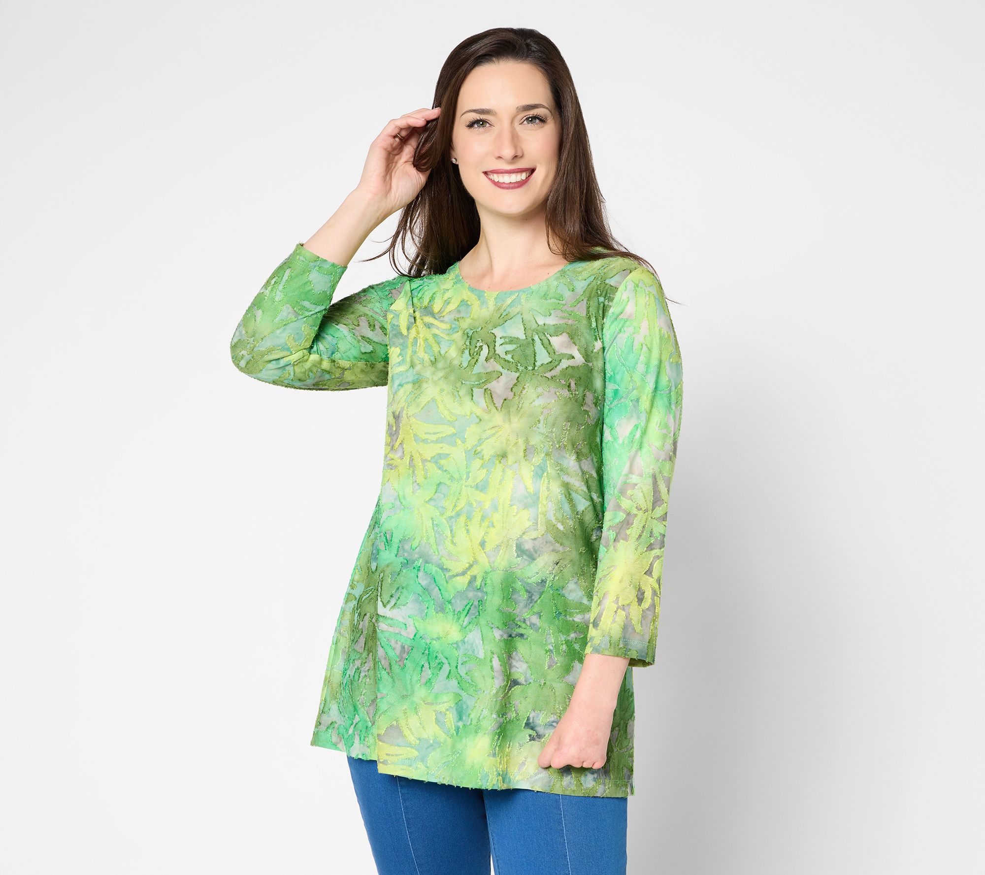 Susan Graver Weekend Petite Tie Dye Burnout 3/4 Sleeve A-Line Tunic