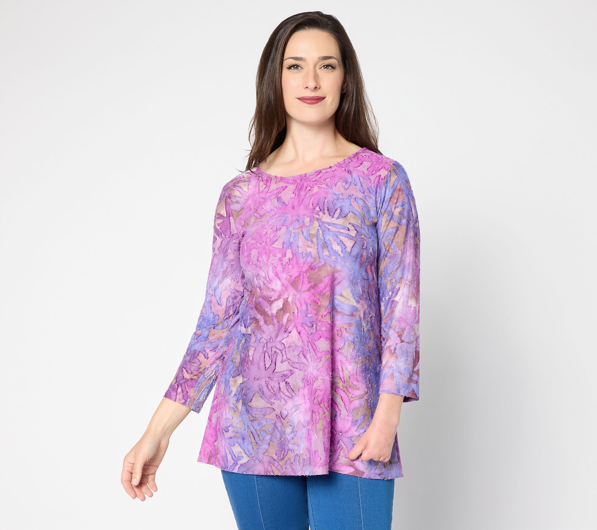 Susan Graver Weekend Petite Tie Dye Burnout 3/4 Sleeve A-Line Tunic