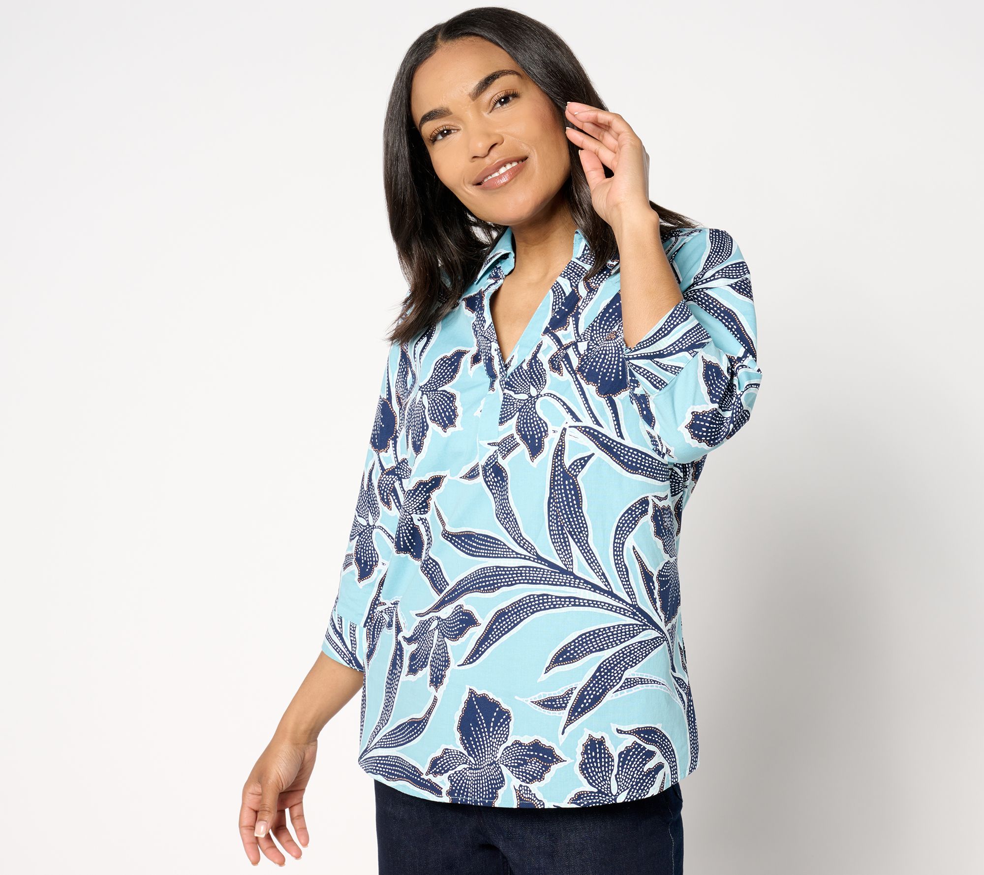 "As Is" Denim & Co. Printed Poplin 3/4 Sleeve Collared Top