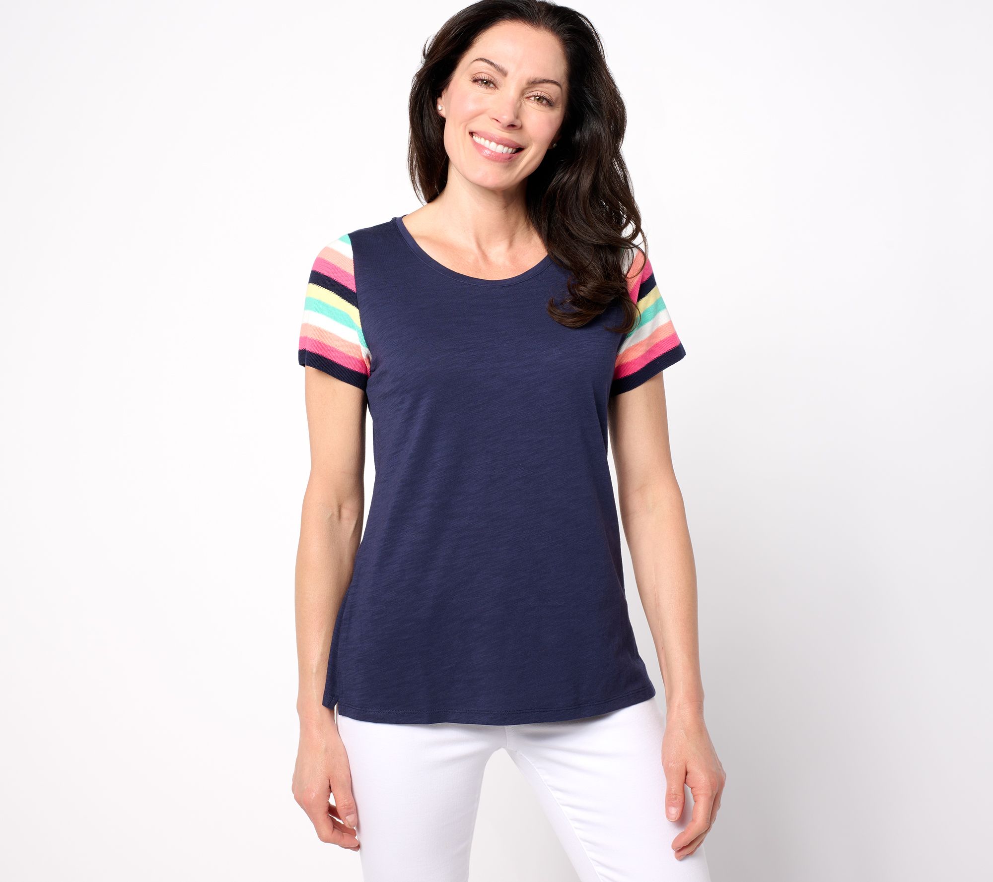 Belle by Kim Gravel Slub Knit Crochet Stripe Cap Slv Top
