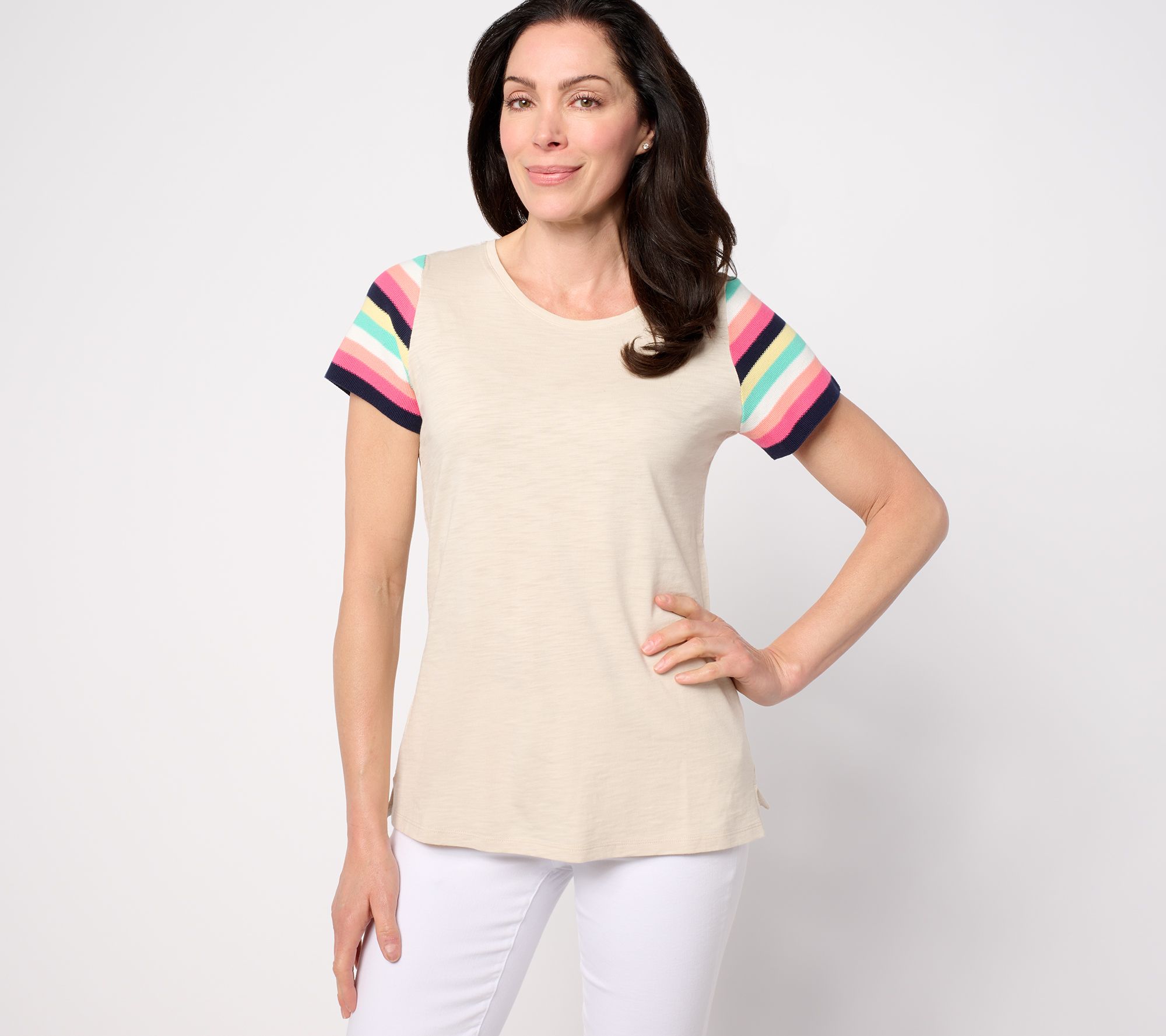 Belle by Kim Gravel Slub Knit Crochet Stripe Cap Slv Top
