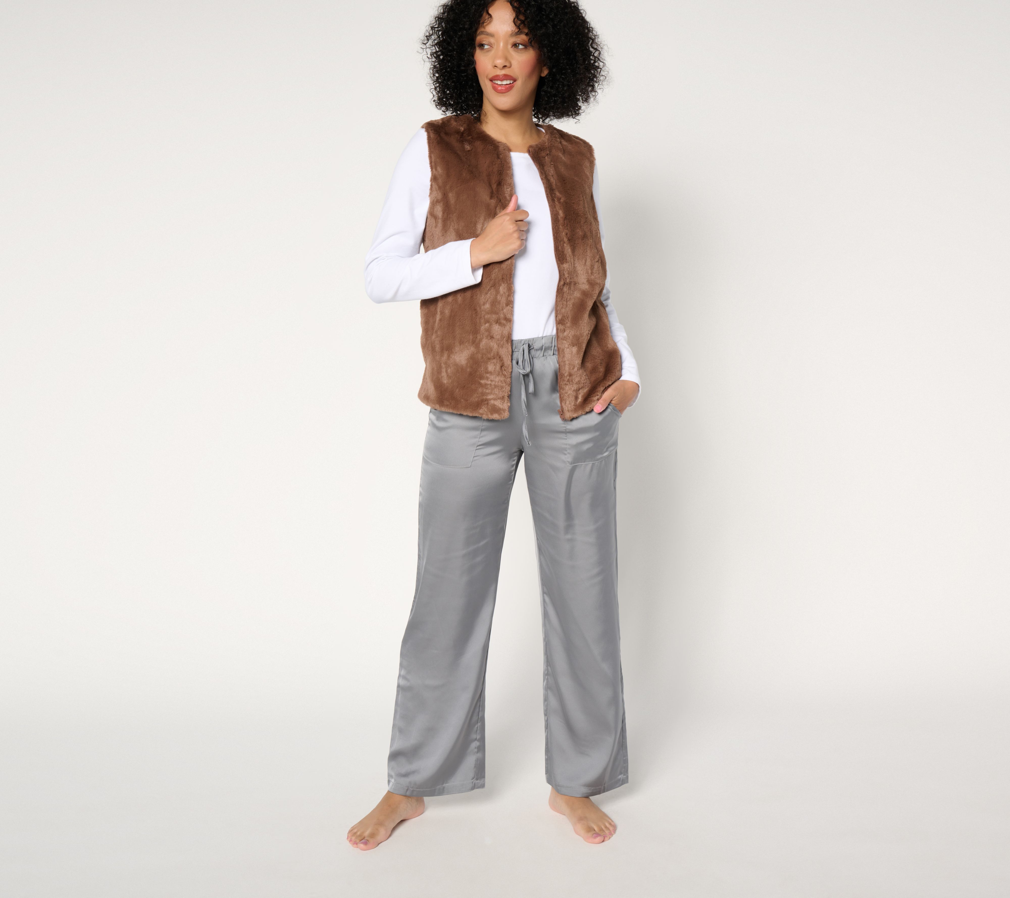 "As Is" MUK LUKS Faux Fur Vest and Satin Pant Lounge Set