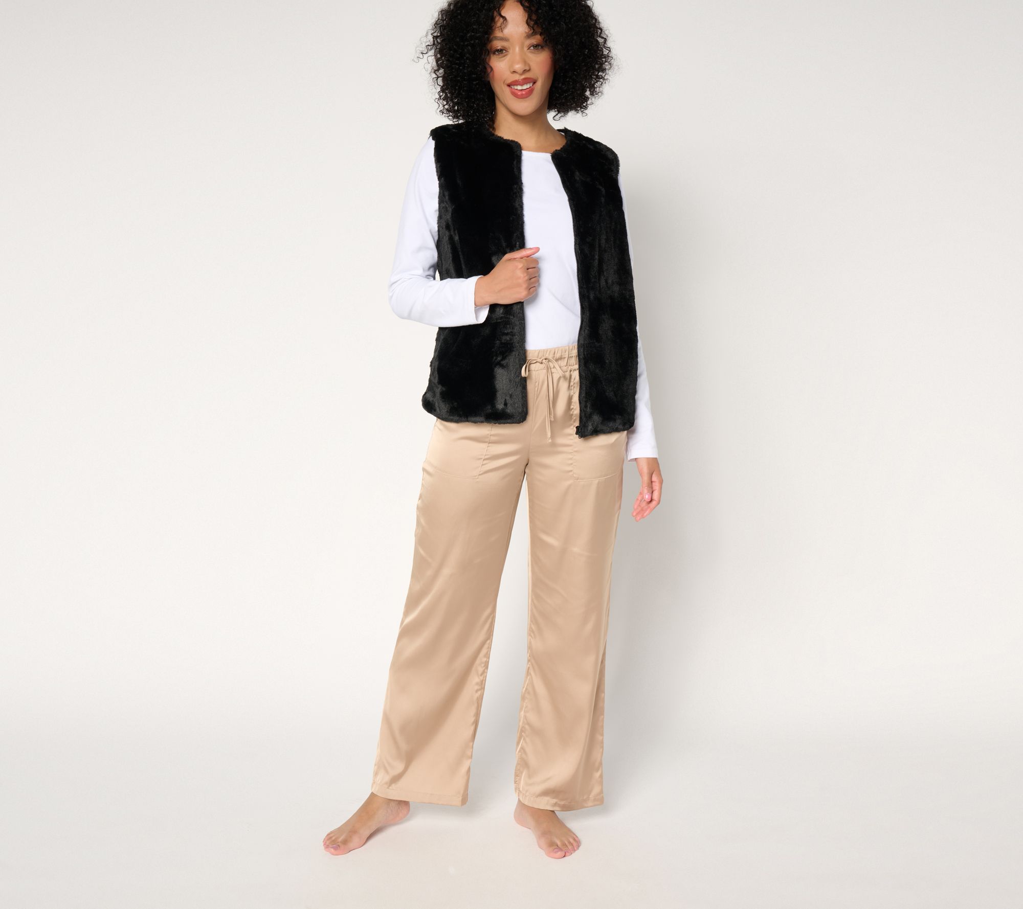"As Is" MUK LUKS Faux Fur Vest and Satin Pant Lounge Set