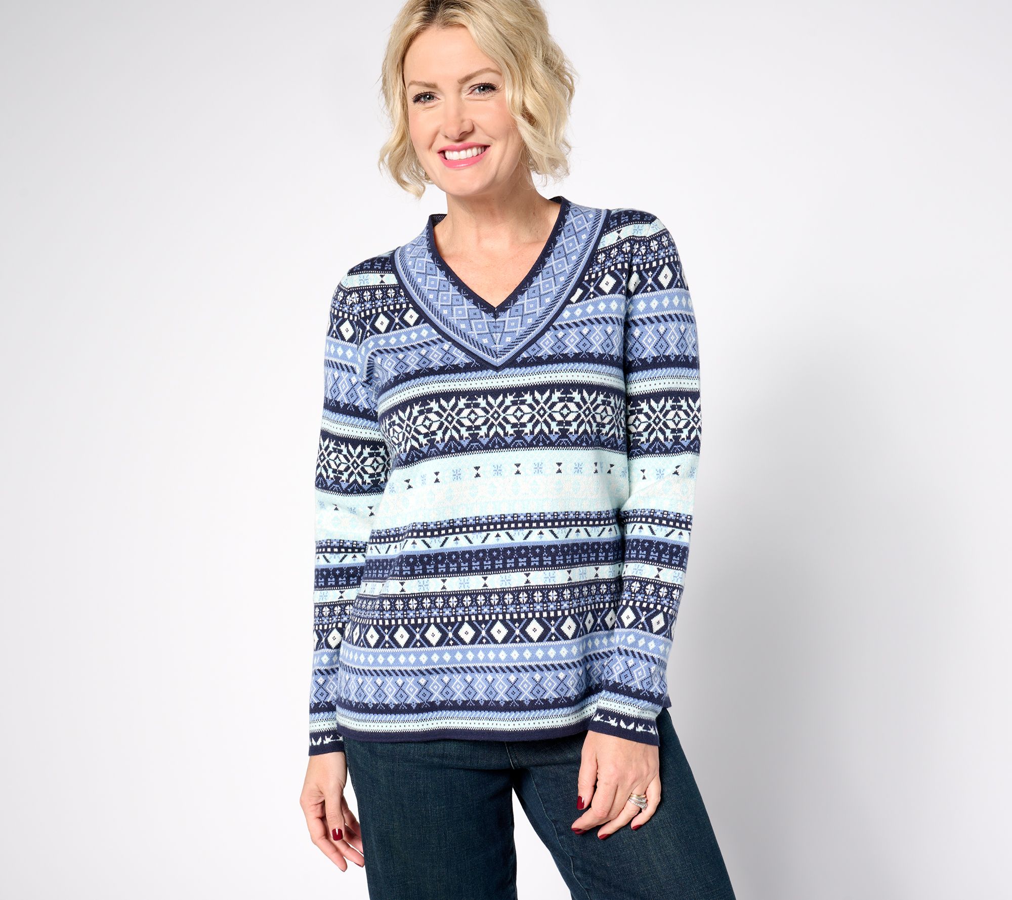 "As Is" Denim & Co. Fair Isle V-Neck Long Sleeve Sweater