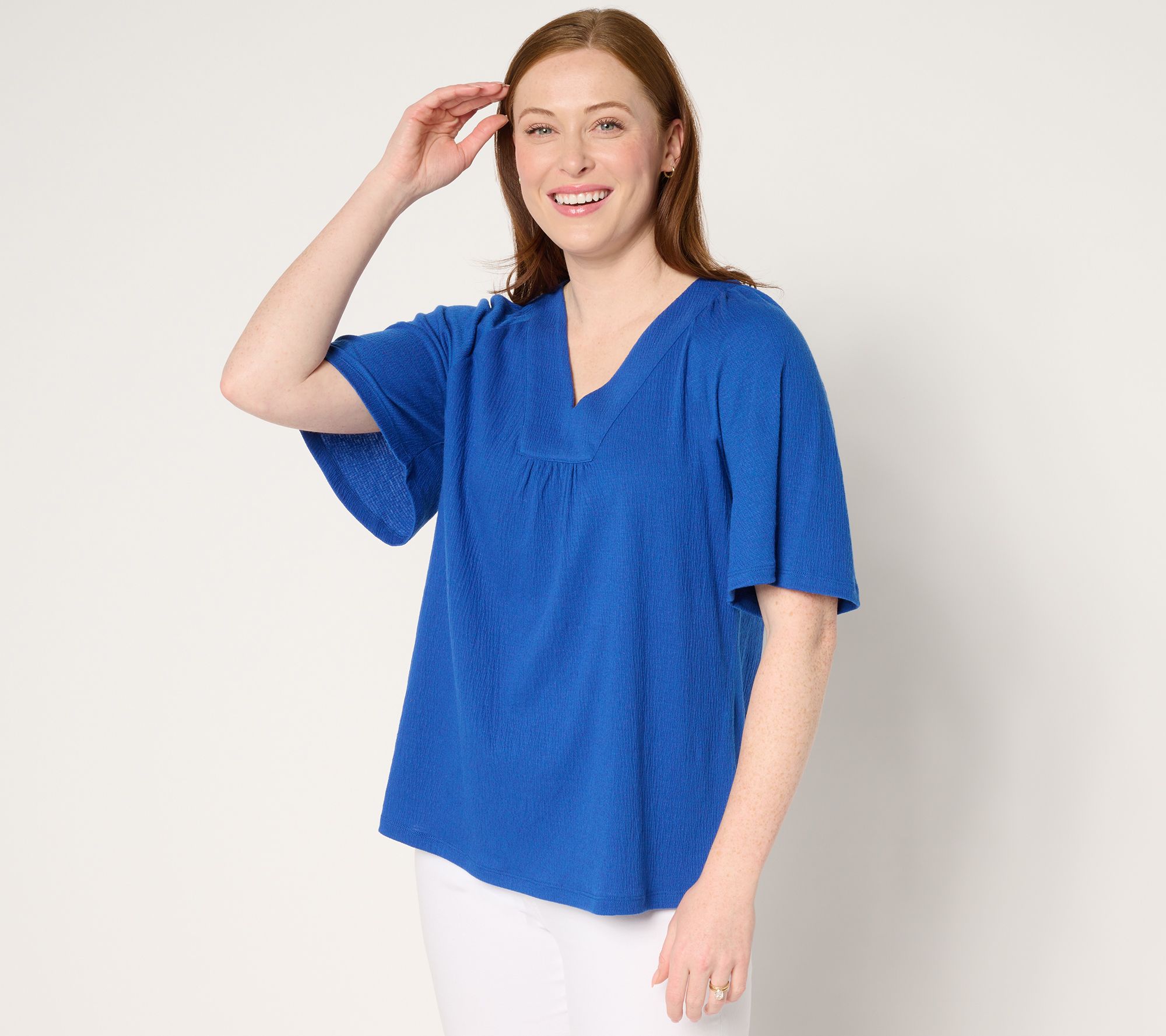 "As Is" Denim & Co. Beach Knit Gauze Flutter Sleeve Top