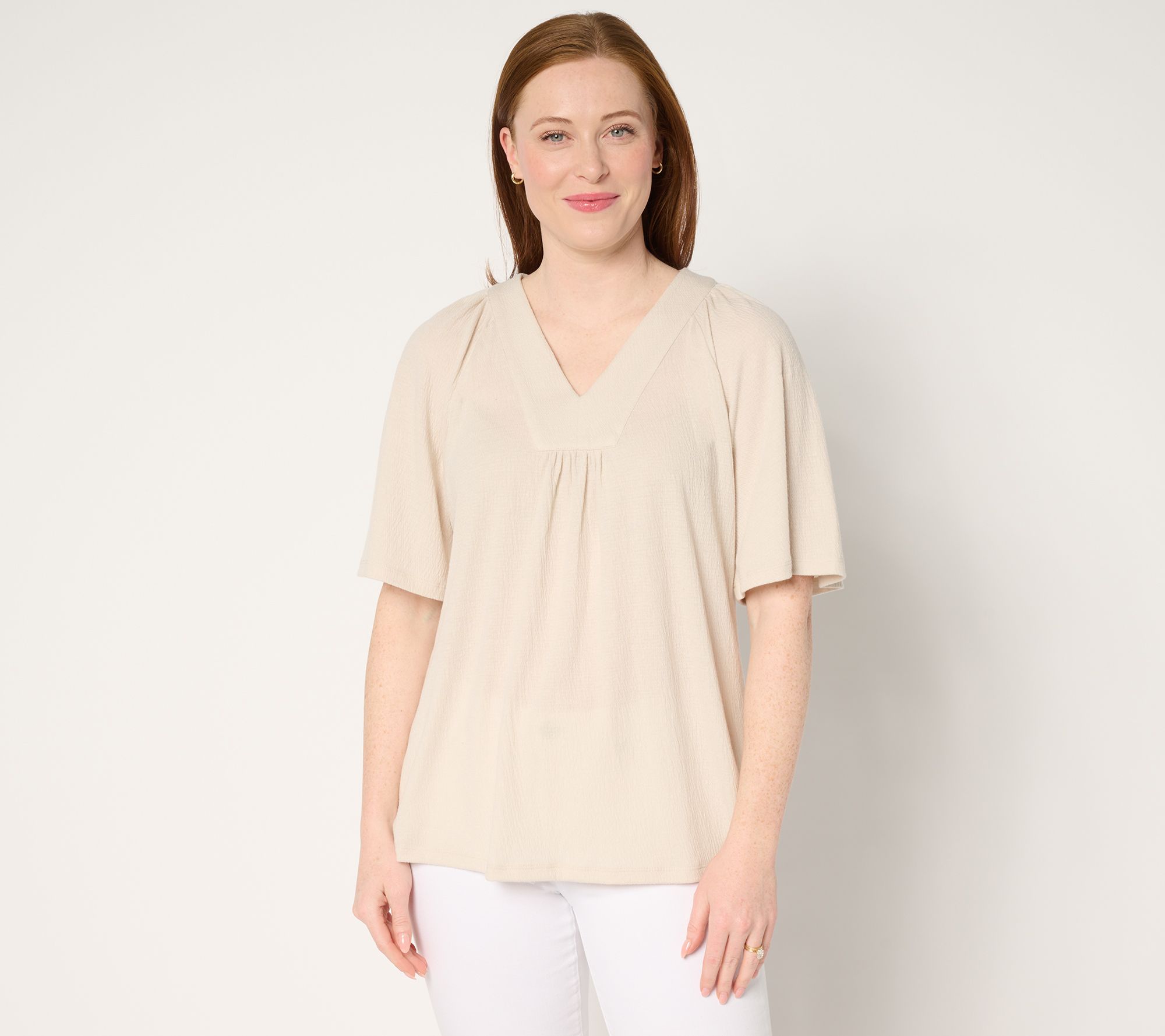 "As Is" Denim & Co. Beach Knit Gauze Flutter Sleeve Top