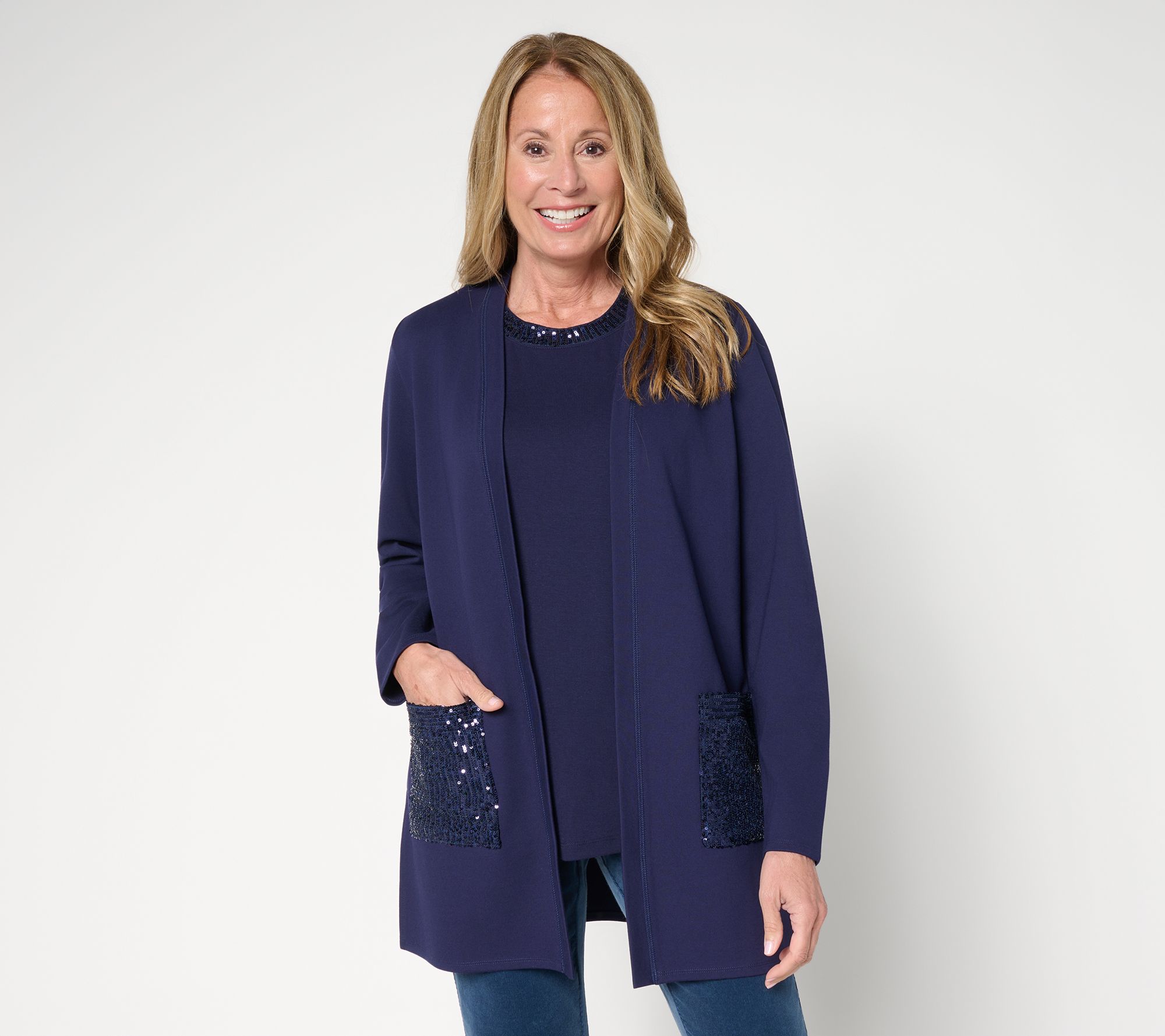 Jingle Belles by Kim Gravel Petite Sequin Pocket Ponte Duster Cardigan