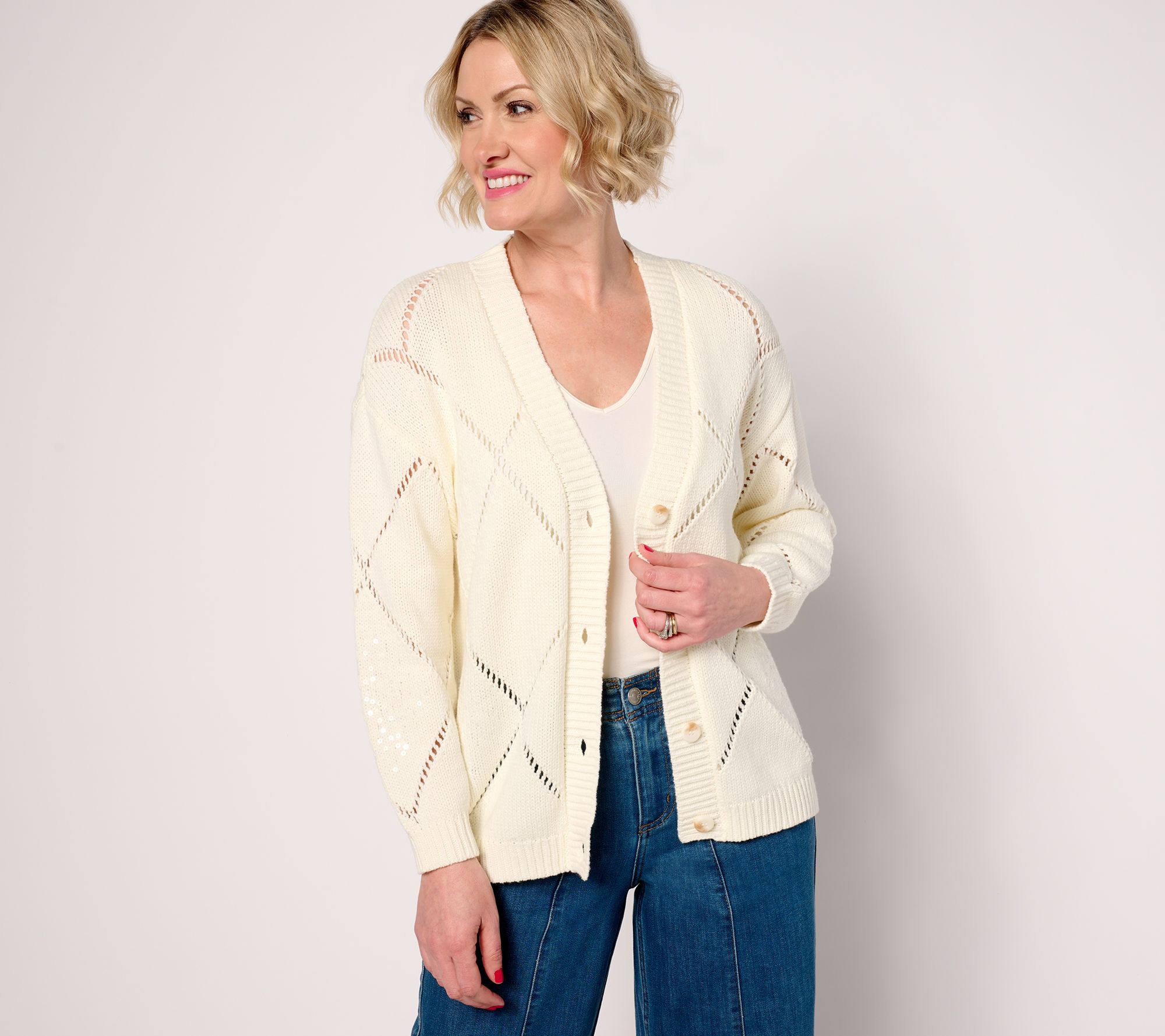 "As Is" Martha Stewart Signature Diamond Stitch Button Cardigan