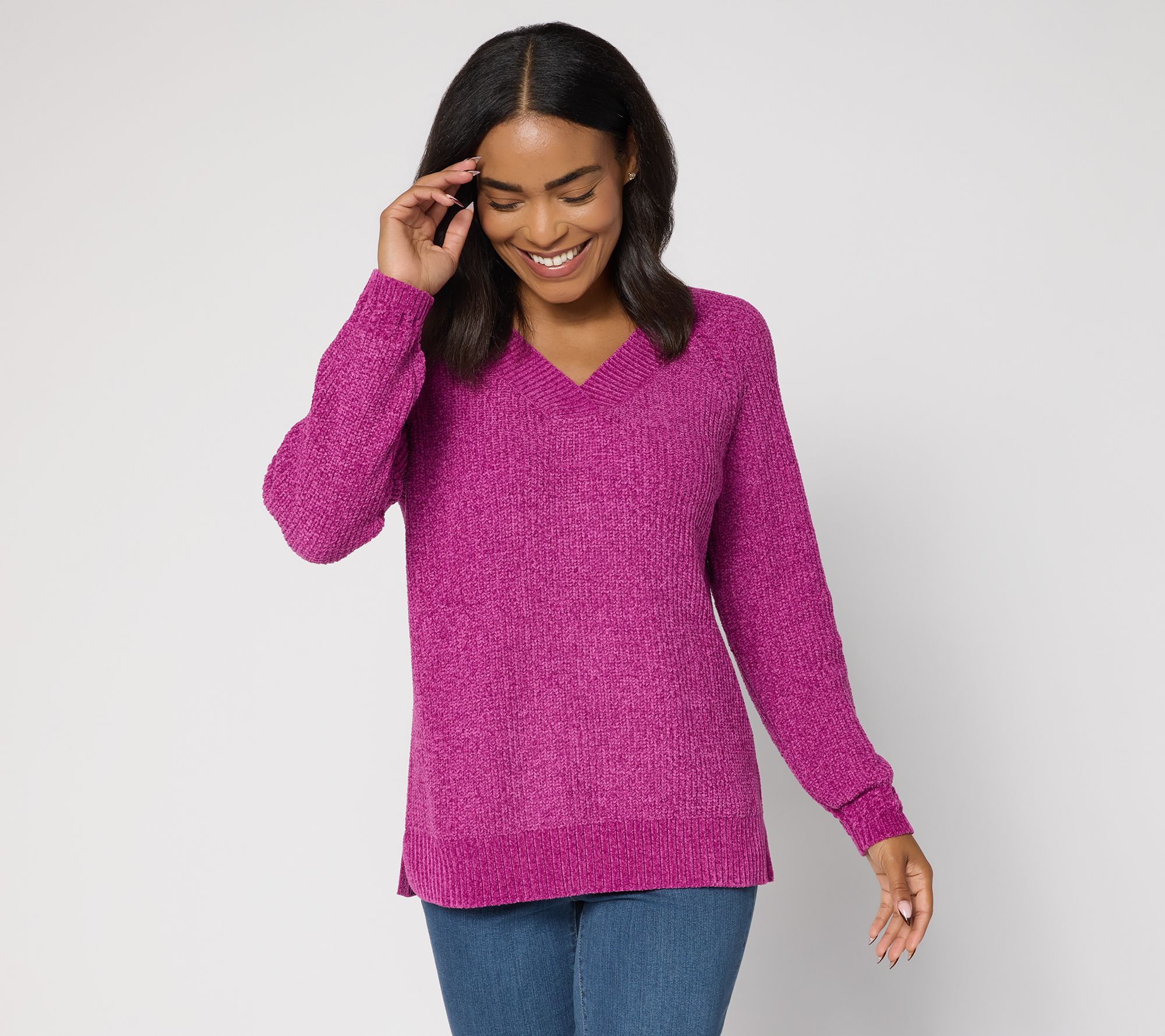  Belle by Kim Gravel Chenille Shaker Knit V-Neck Sweater