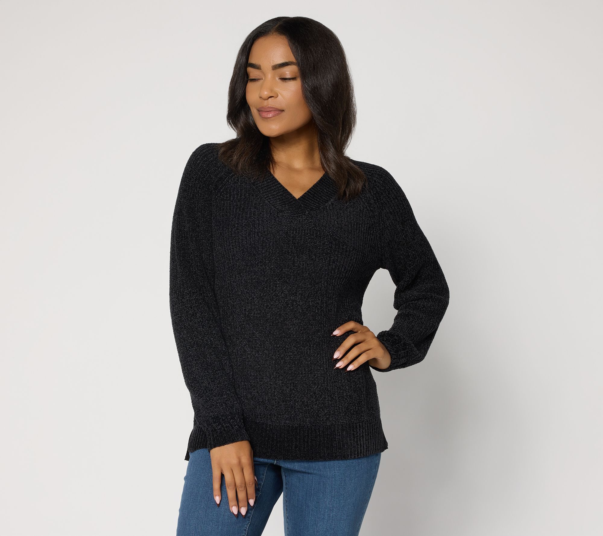 Belle by Kim Gravel Chenille Shaker Knit V-Neck Sweater