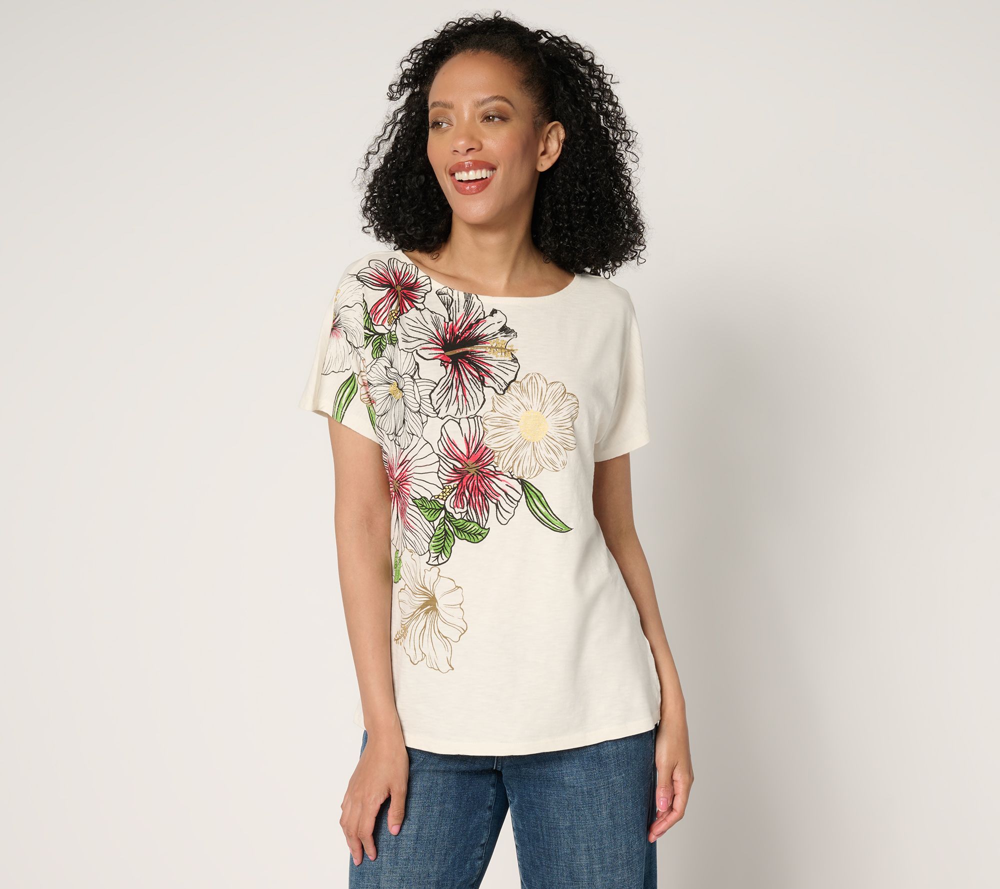 "As Is" Denim & Co. 100% Cotton Jersey Dolman Sleeve Printed Top