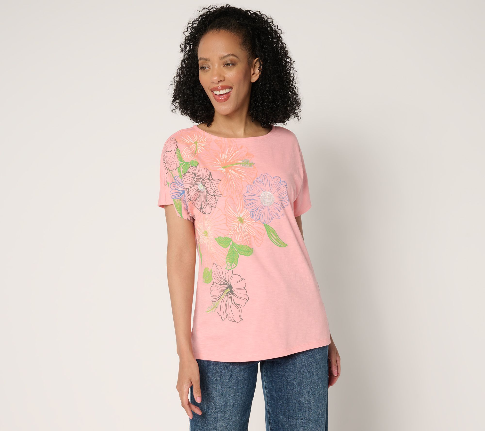 "As Is" Denim & Co. 100% Cotton Jersey Dolman Sleeve Printed Top