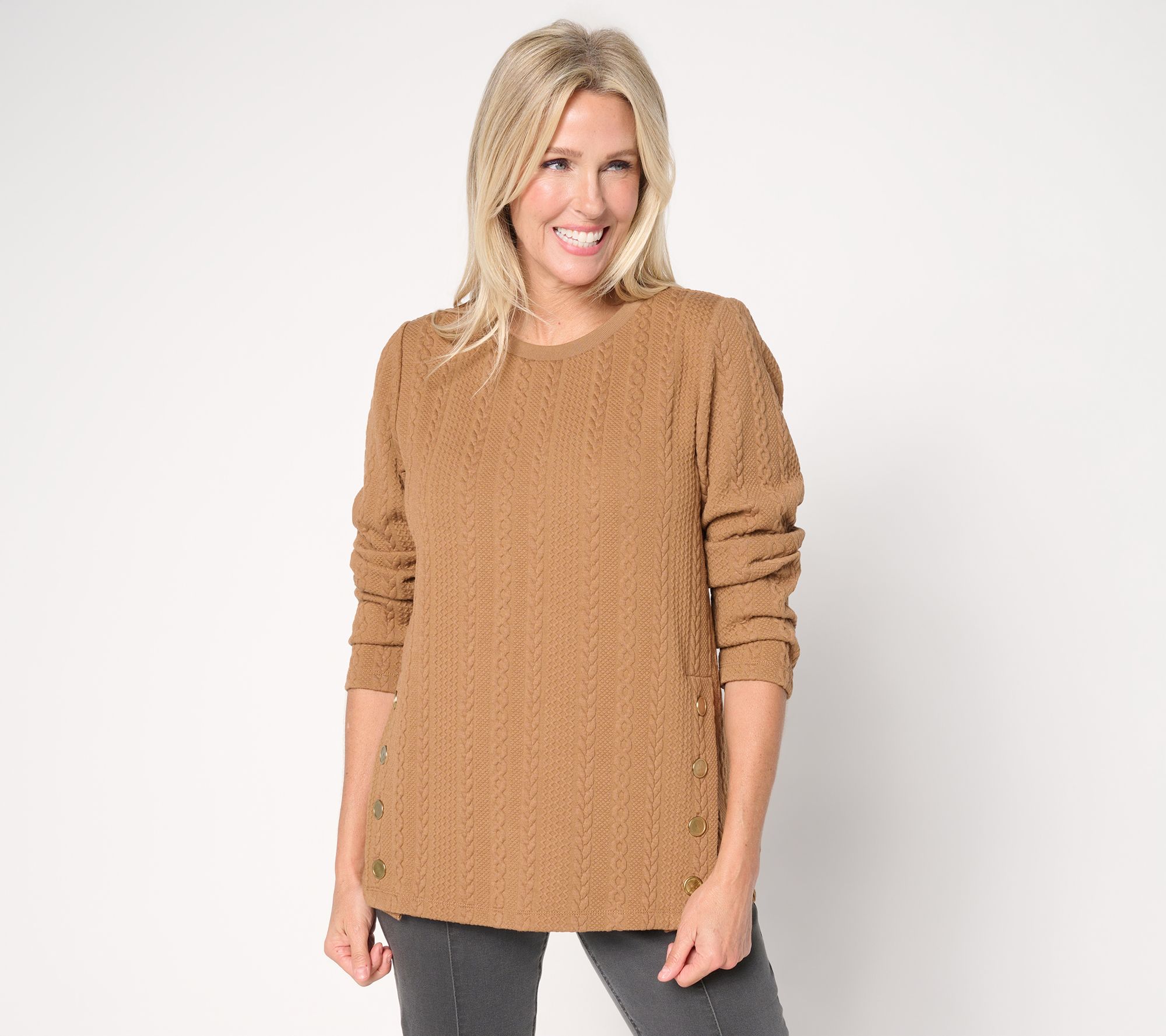 Susan Graver Weekend Jacquard Knit Jewel Neck Top w/Button Detail