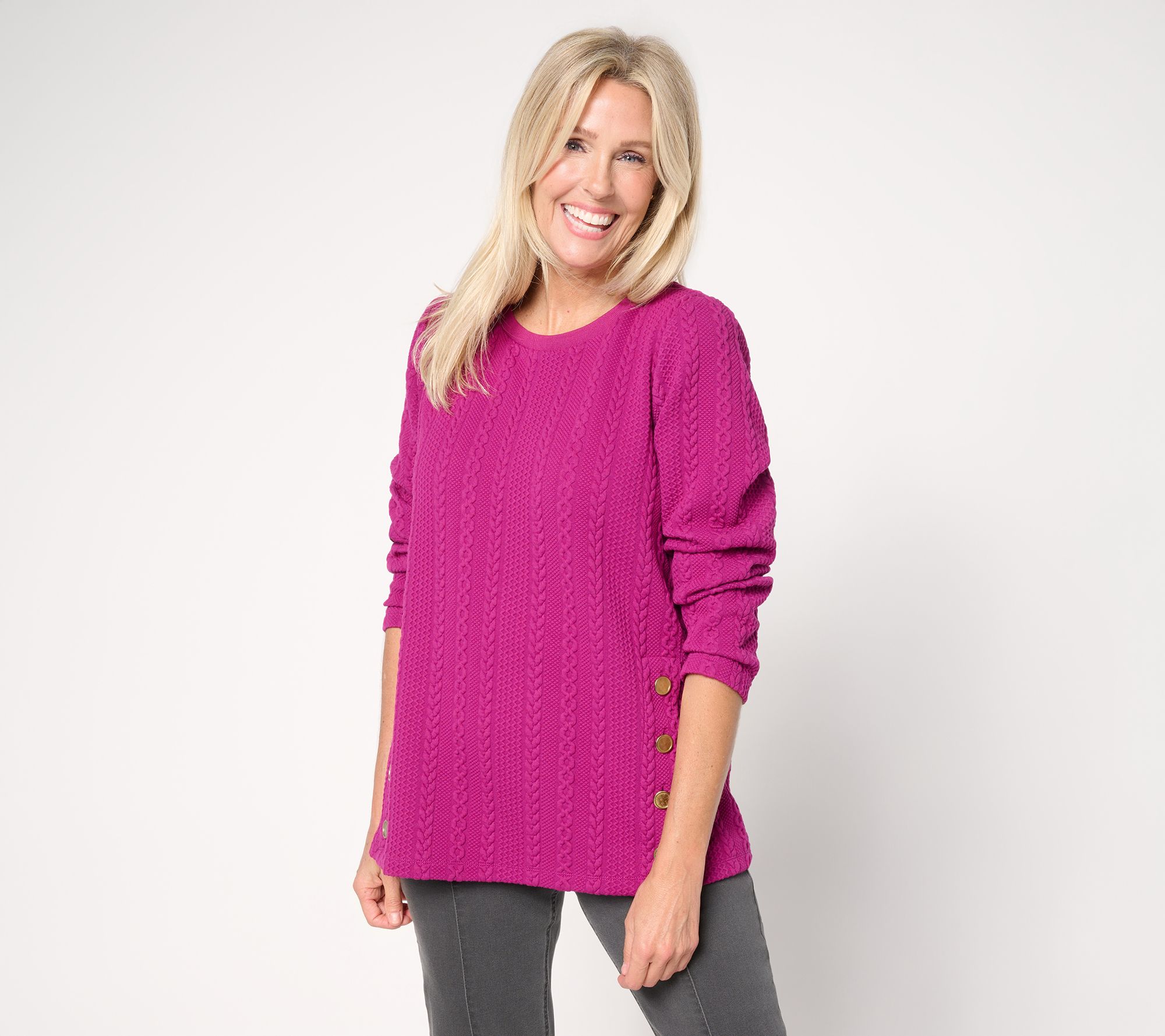 Susan Graver Weekend Jacquard Knit Jewel Neck Top w/Button Detail