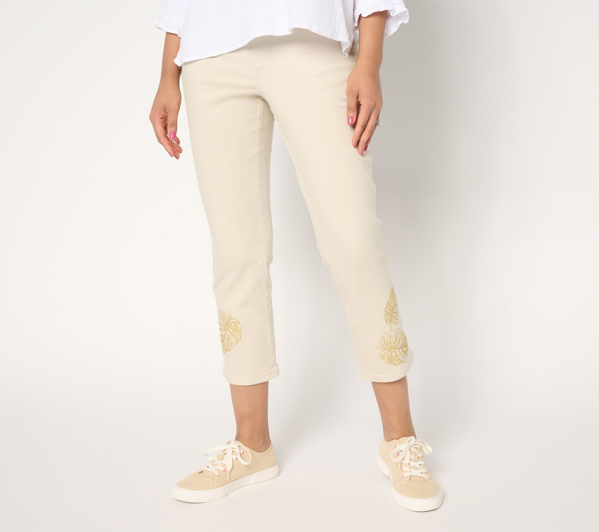 "As Is" Belle by Kim Gravel Pet TripleLuxe Twill Gold Palm Crop Jeans
