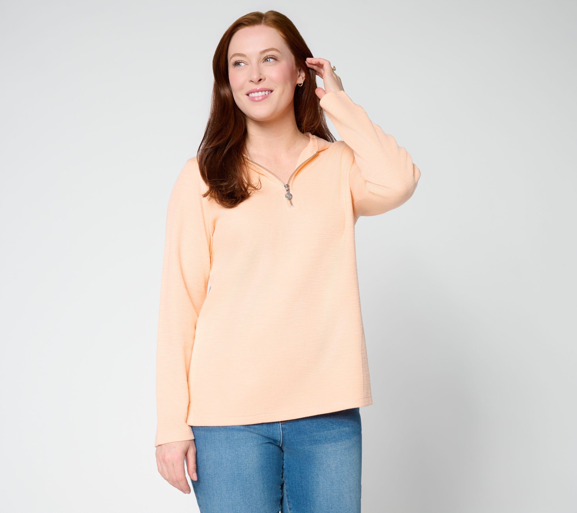  Susan Graver Soleil Slub Knit Quarter Zip Hoodie