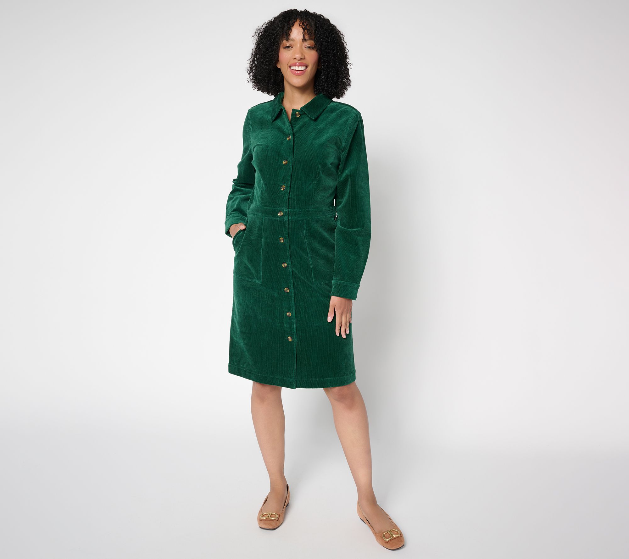 "As Is" Joan Rivers Reg Stretch Corduroy Button Front Dress