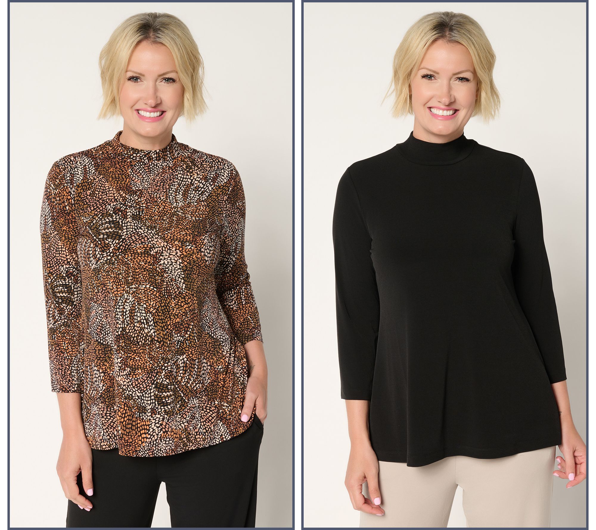 "As Is" Susan Graver Set of 2 Print & Solid Liquid Knit Mock Neck Tops