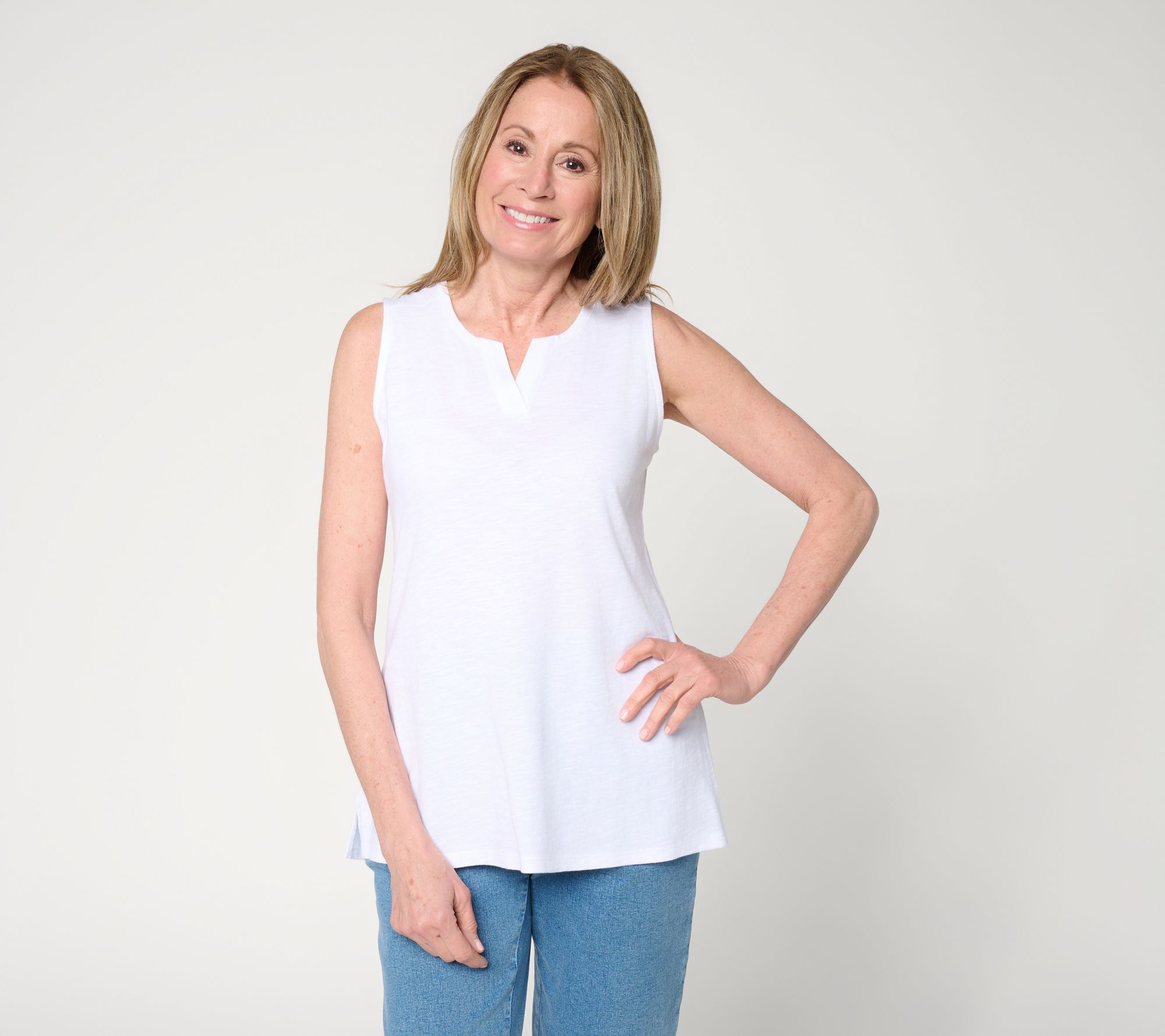 Denim & Co. Essentials Linen Blend Split Neck Tank Top