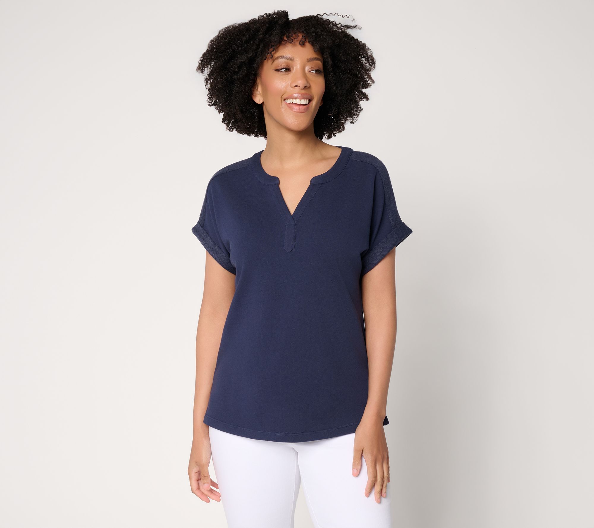 Denim & Co. Beach Tideline Terry Dolman Sleeve Split Neck Top