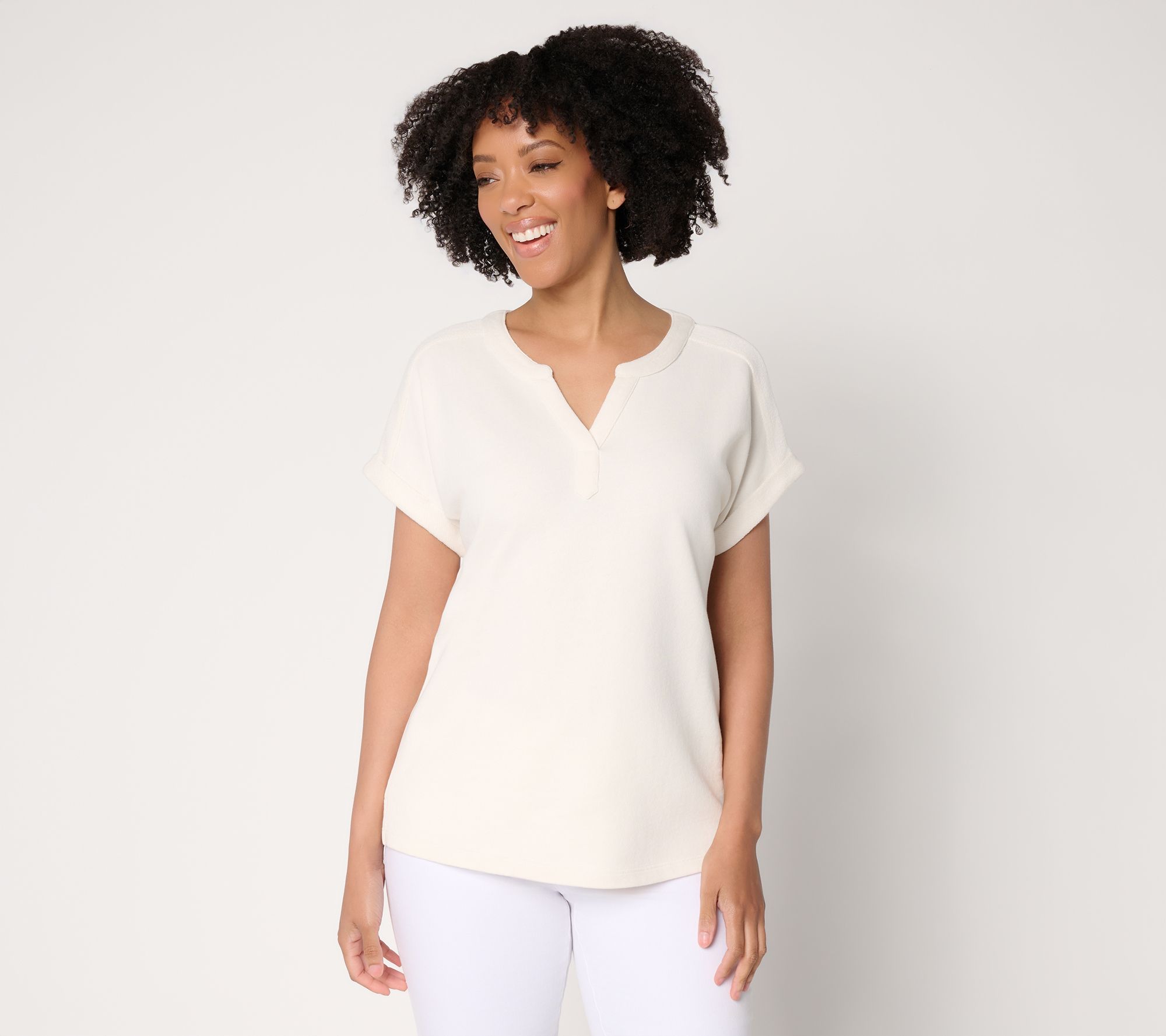 Denim & Co. Beach Tideline Terry Dolman Sleeve Split Neck Top