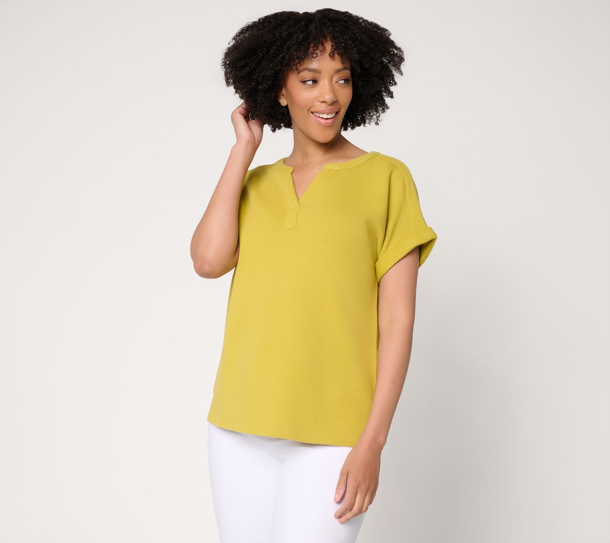 Denim & Co. Beach Tideline Terry Dolman Sleeve Split Neck Top