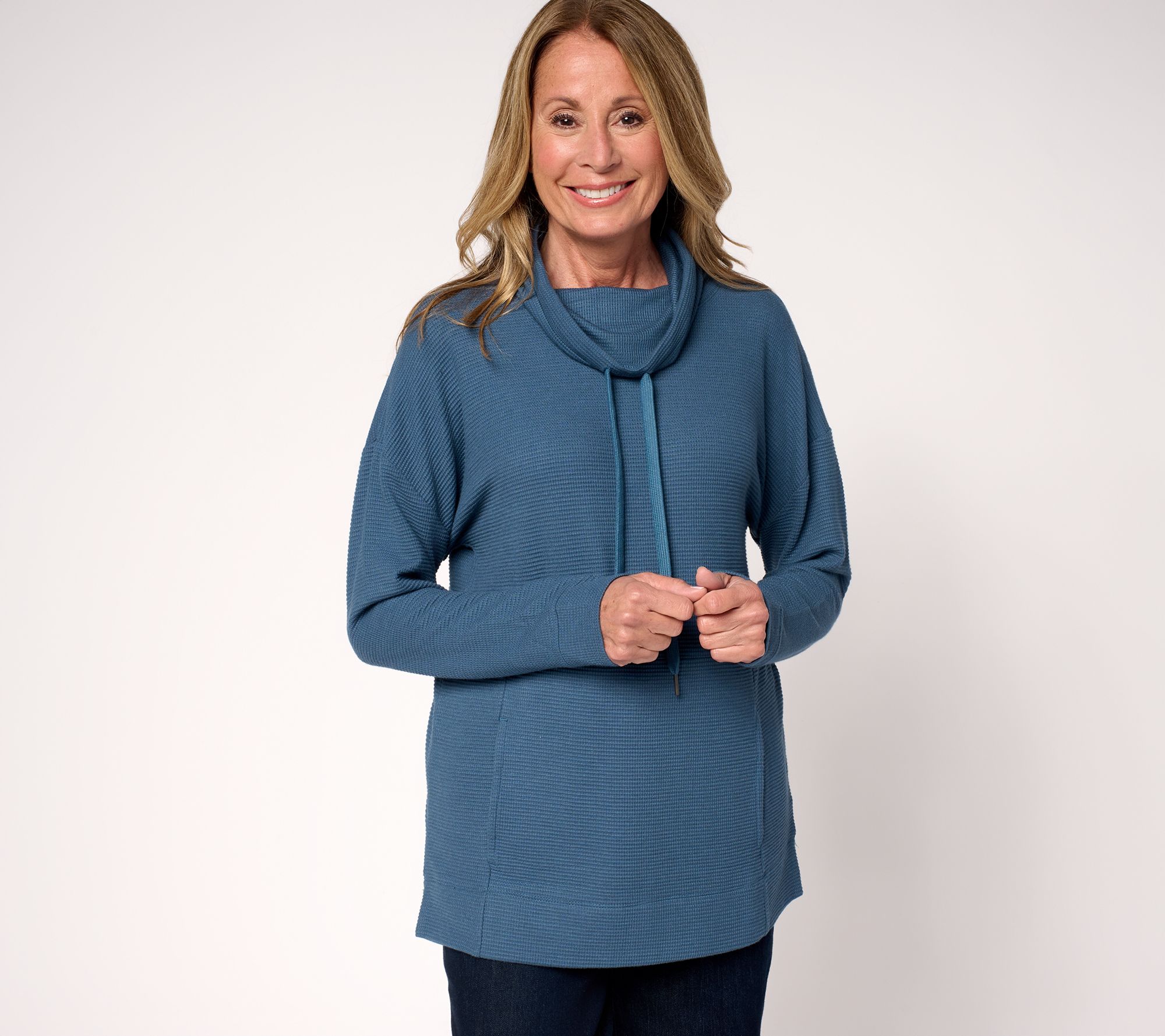 "As Is" Susan Graver Weekend Waffle Knit Draped Cowl Neck Top