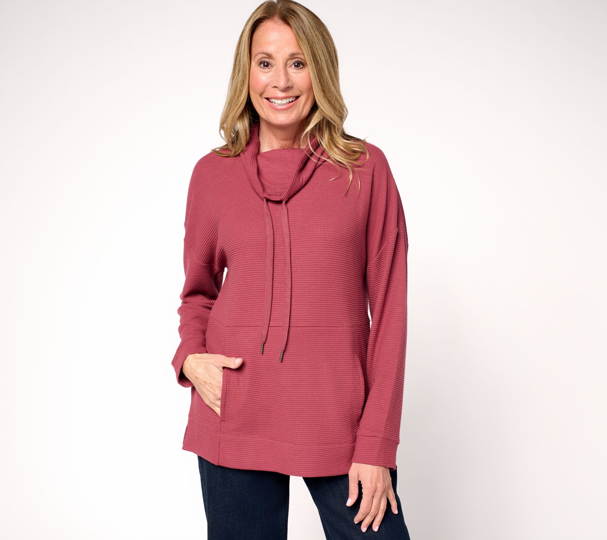 "As Is" Susan Graver Weekend Waffle Knit Draped Cowl Neck Top