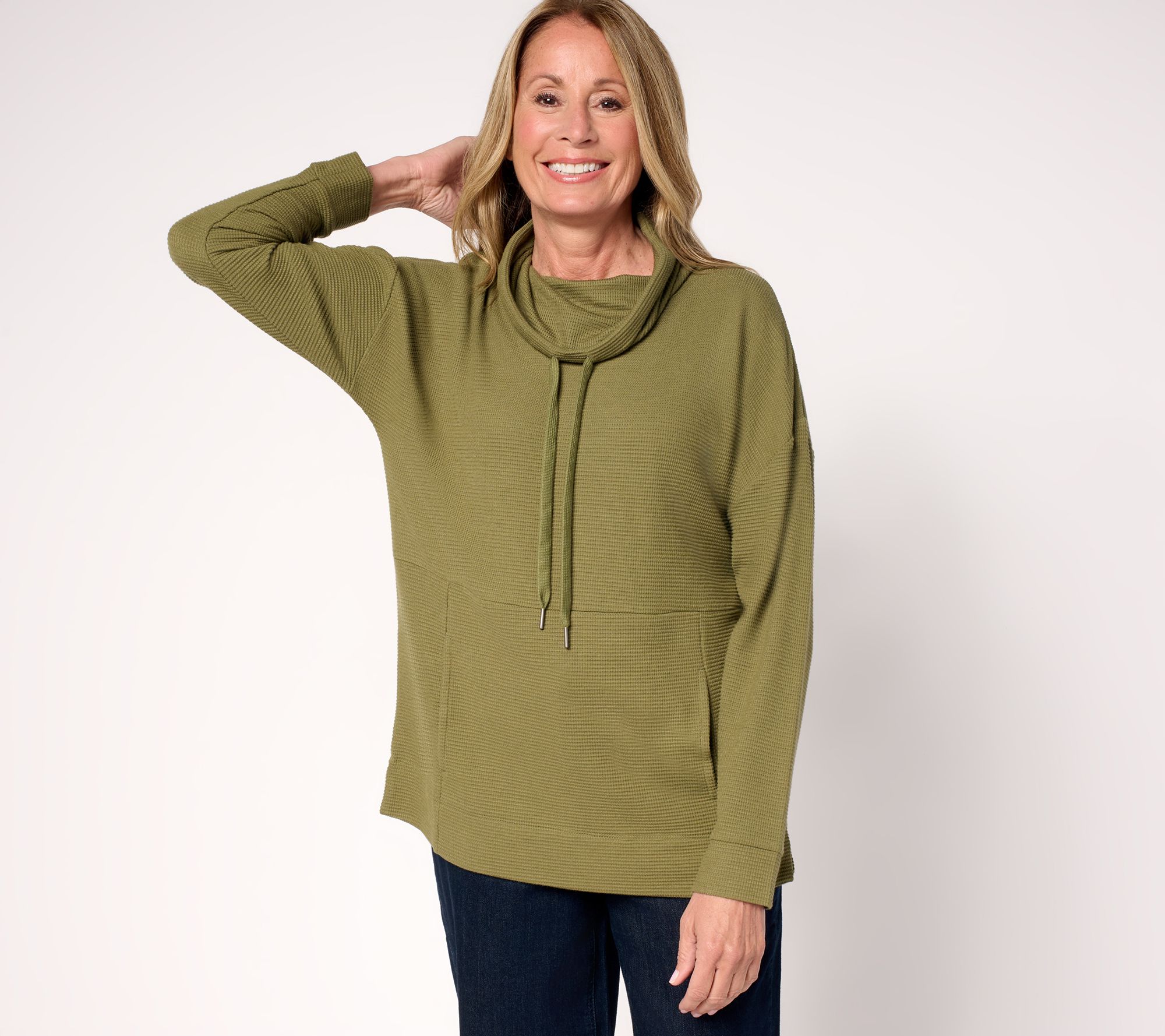 "As Is" Susan Graver Weekend Waffle Knit Draped Cowl Neck Top