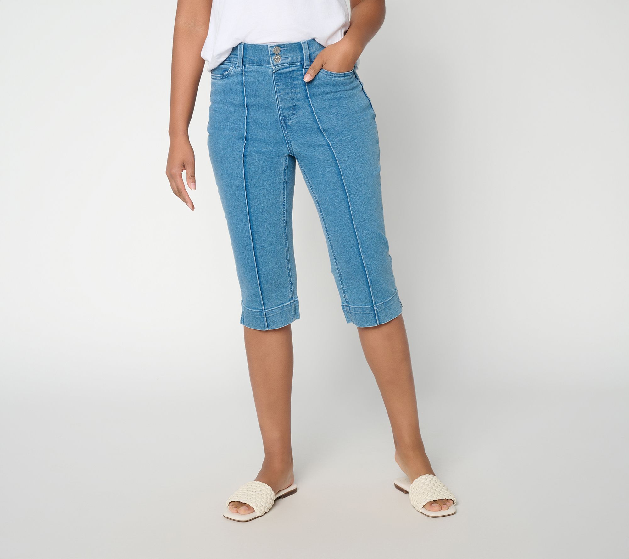 Denim & Co. Petite Indigo So Soft Denim Button Front Skimmers
