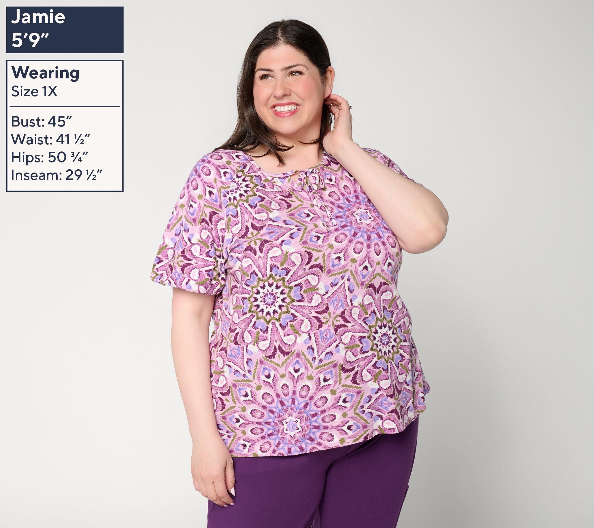 Denim & Co. Printed Linen Slub Bubble Sleeve V-Neck Top - QVC.com