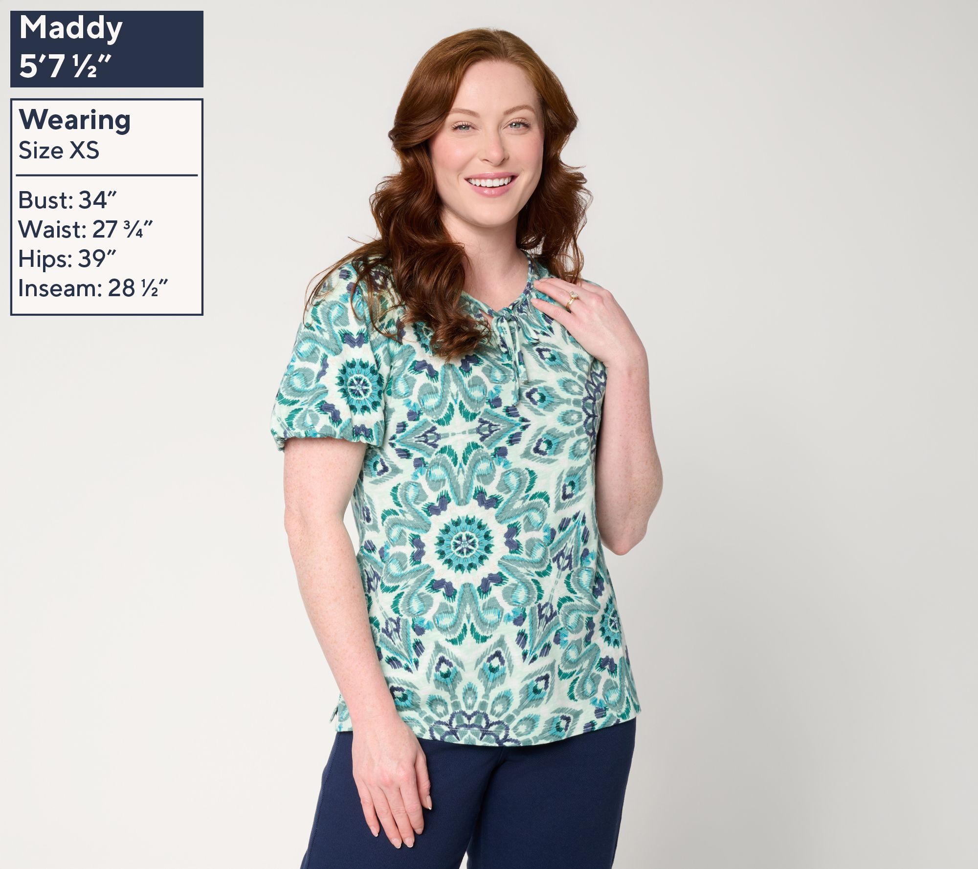 トップス y.395 Denim & Co. Printed Linen Slub Bubble Sleeve V-Neck Top - QVC.com