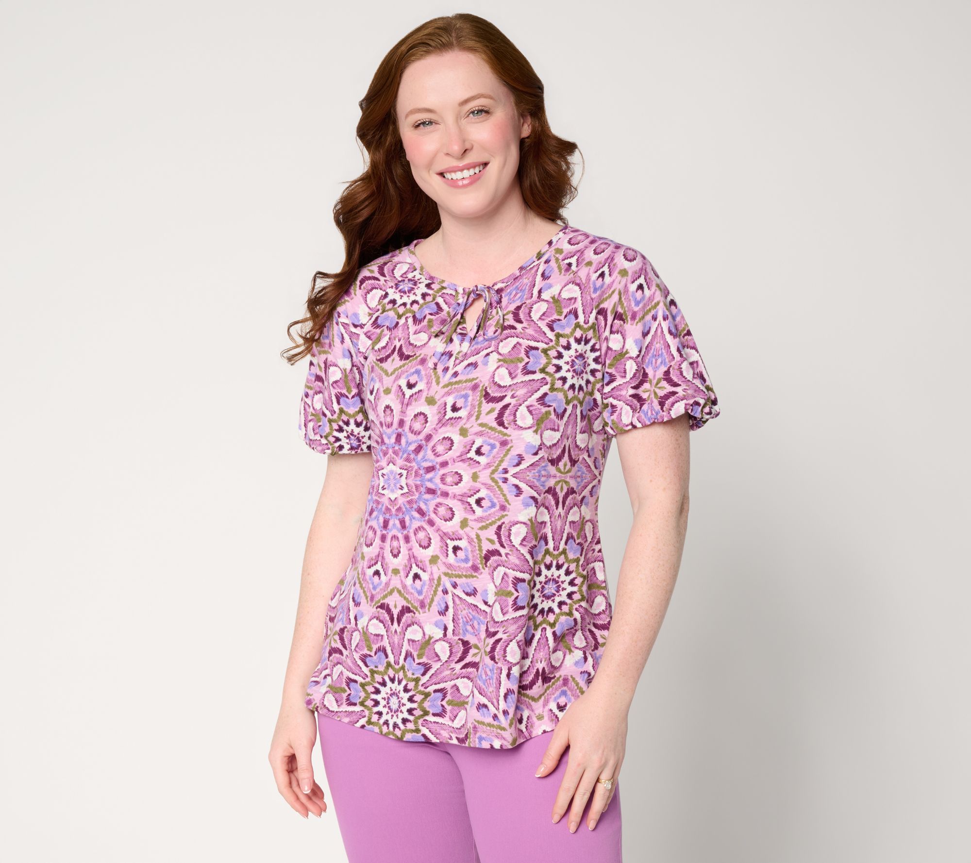 Denim & Co. Printed Linen Slub Bubble Sleeve V-Neck Top