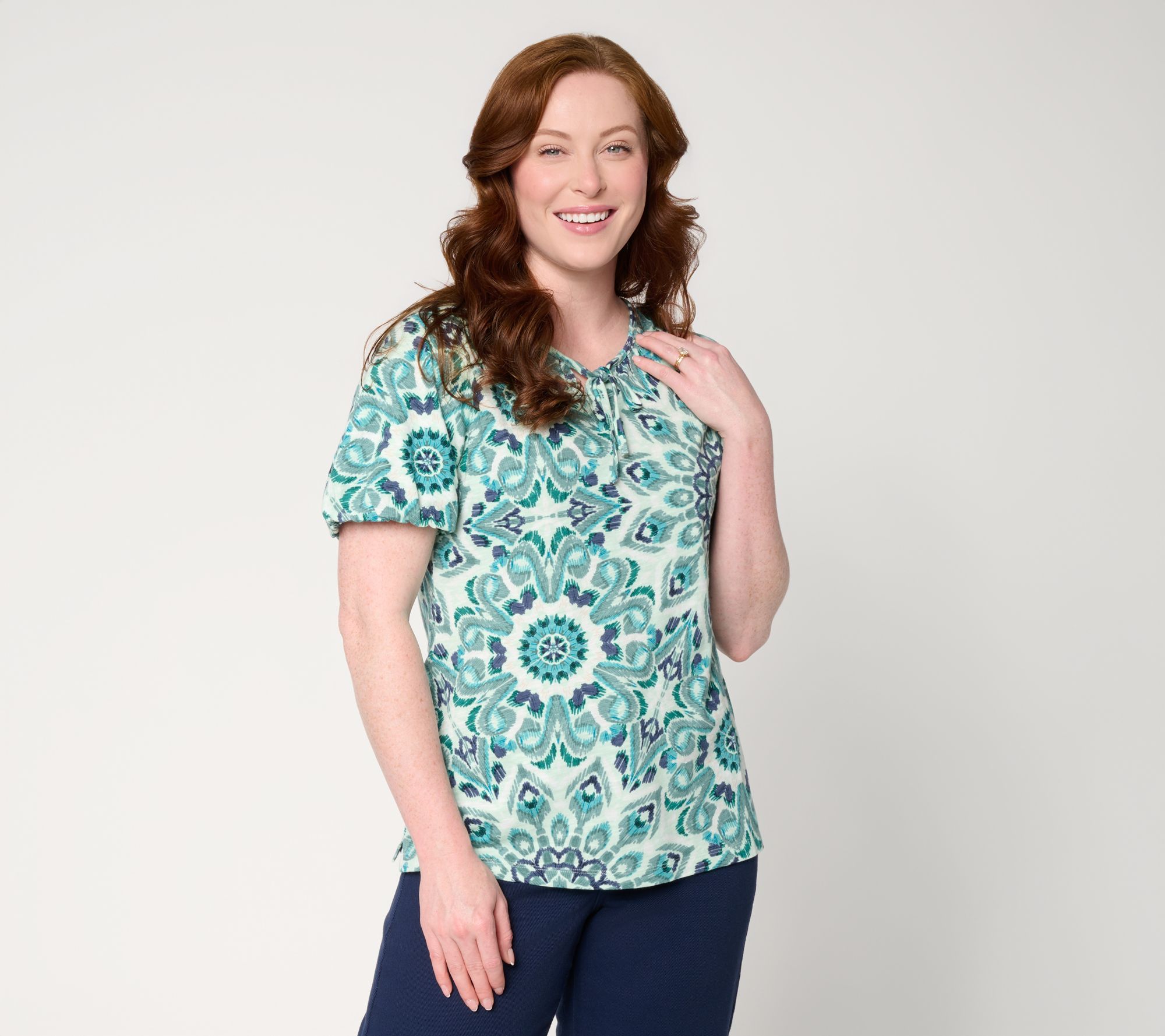 Denim & Co. Printed Linen Slub Bubble Sleeve V-Neck Top