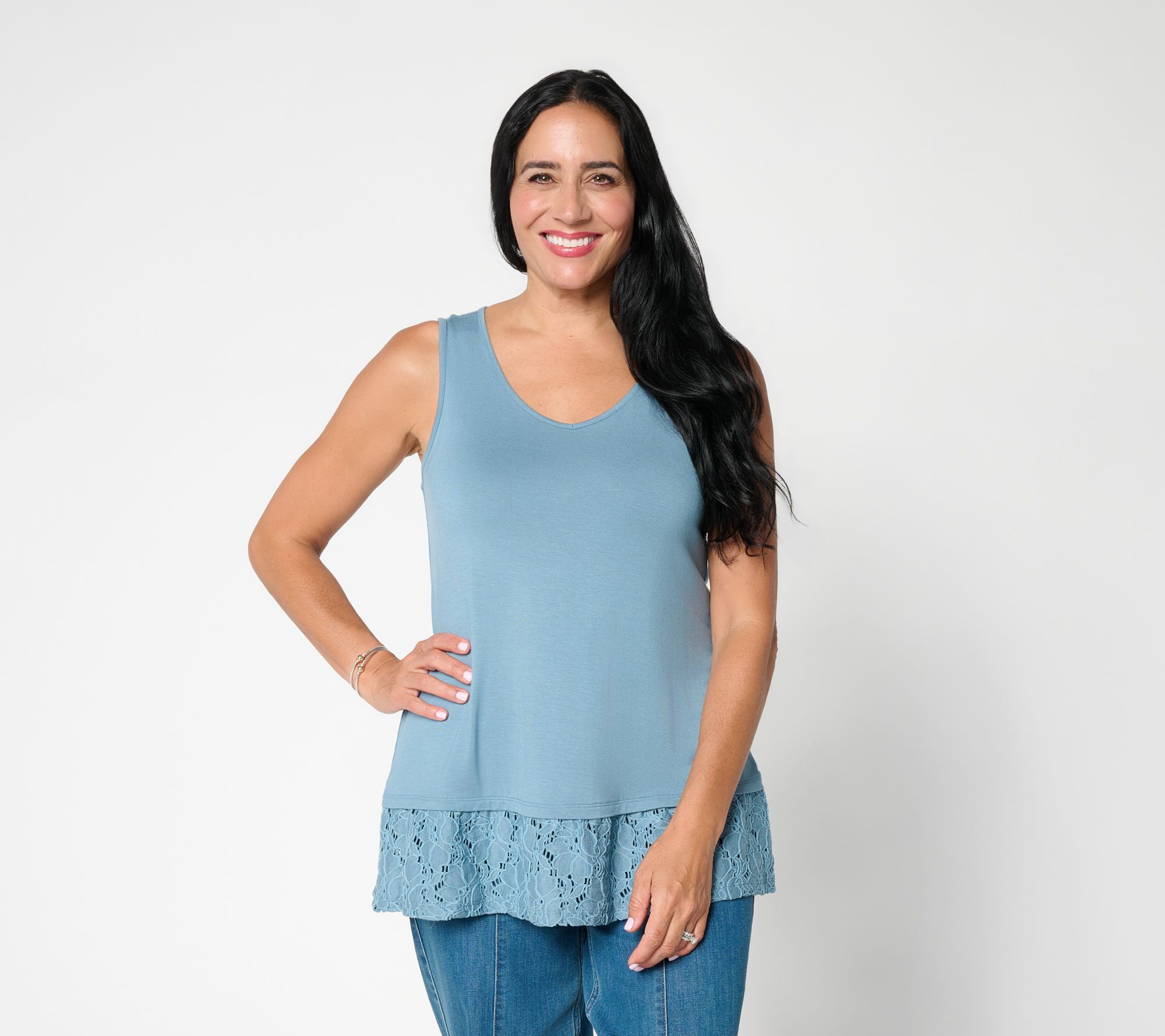 LOGO Layers by Lori Goldstein Lace Hem V-Neck Tank