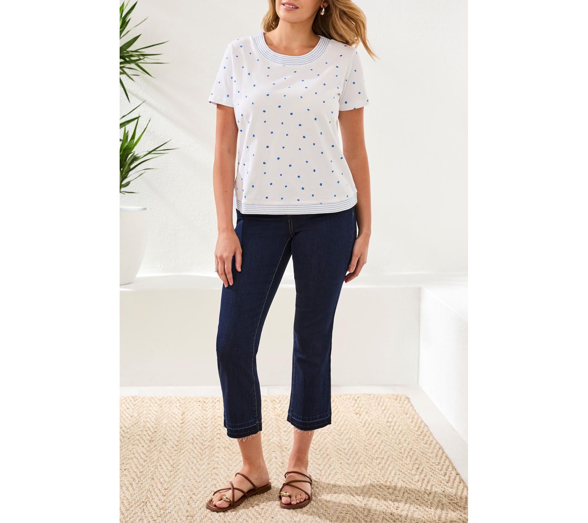 Tribal Embroidered Polka Dot Double-Yarn 3/4 Sleeve Knit Top