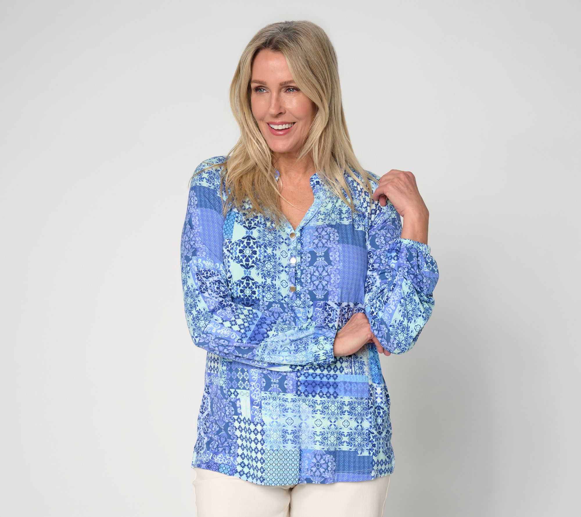 "As Is" Belle by Kim Gravel Rayon Spandex Patchwork Popover Blouse