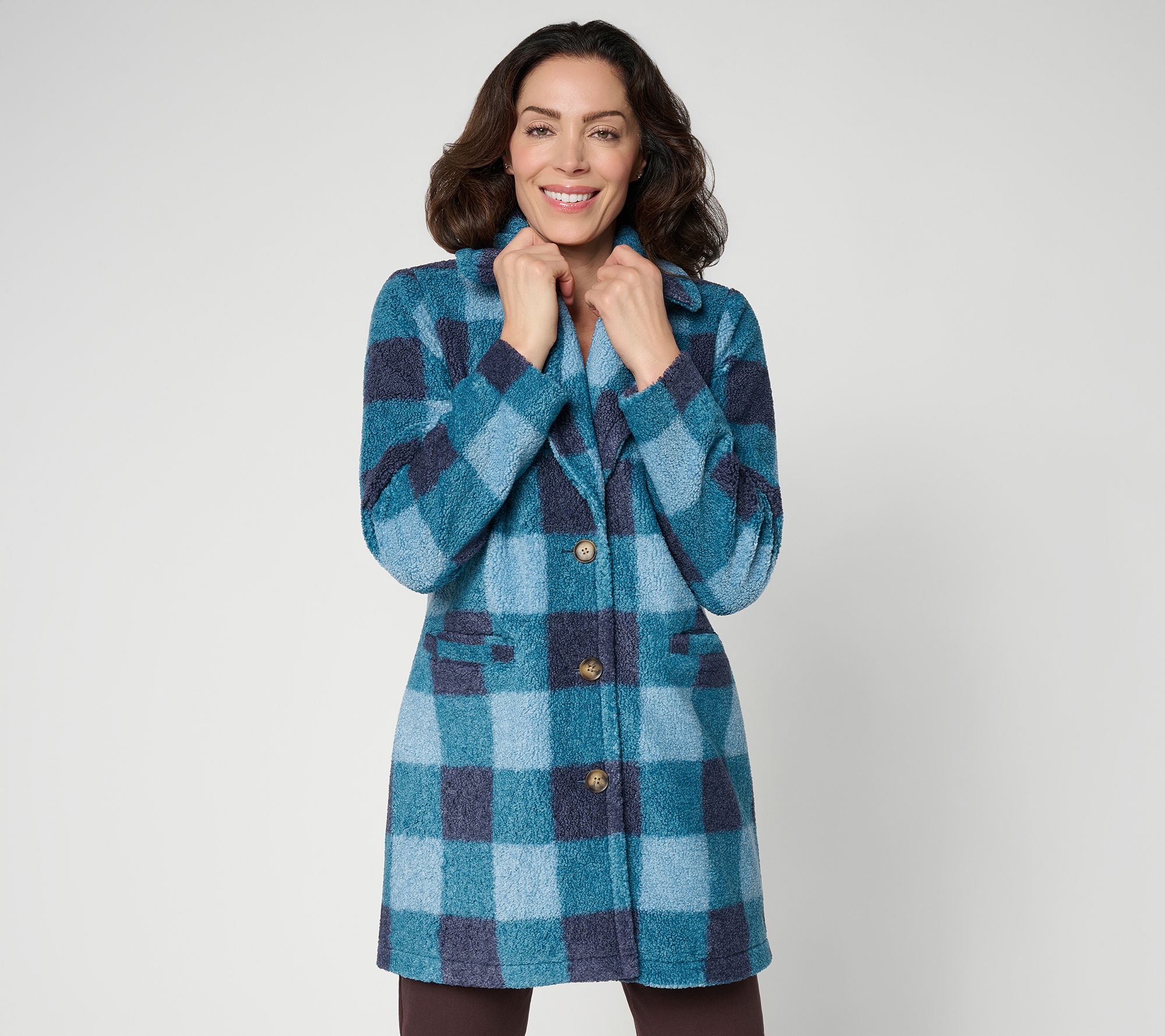 Joan Rivers Buffalo Check Button Front Sherpa Coat