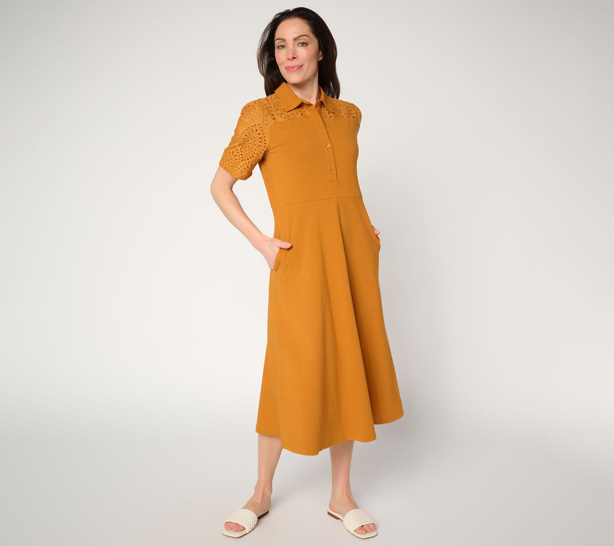 "As Is" Joan Rivers Petite Henley Short- Sleeve Eyelet Midi Dress