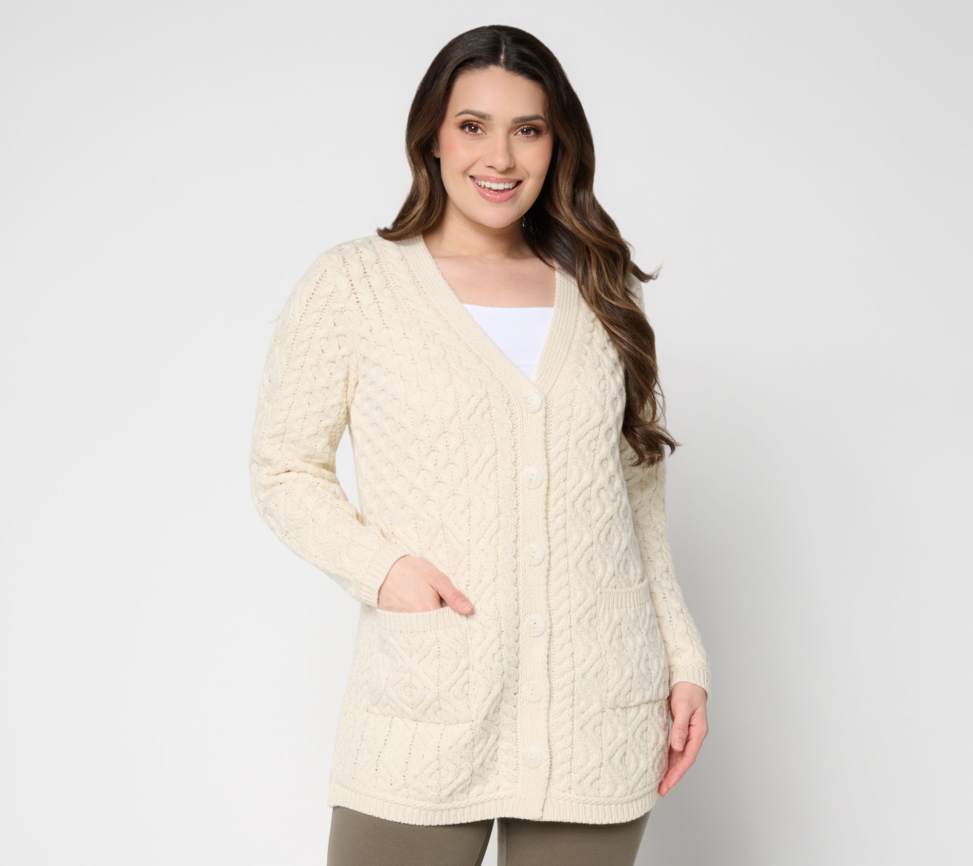 "As Is" Aran Crafts Merino Wool V-Neck Button Front Cardigan