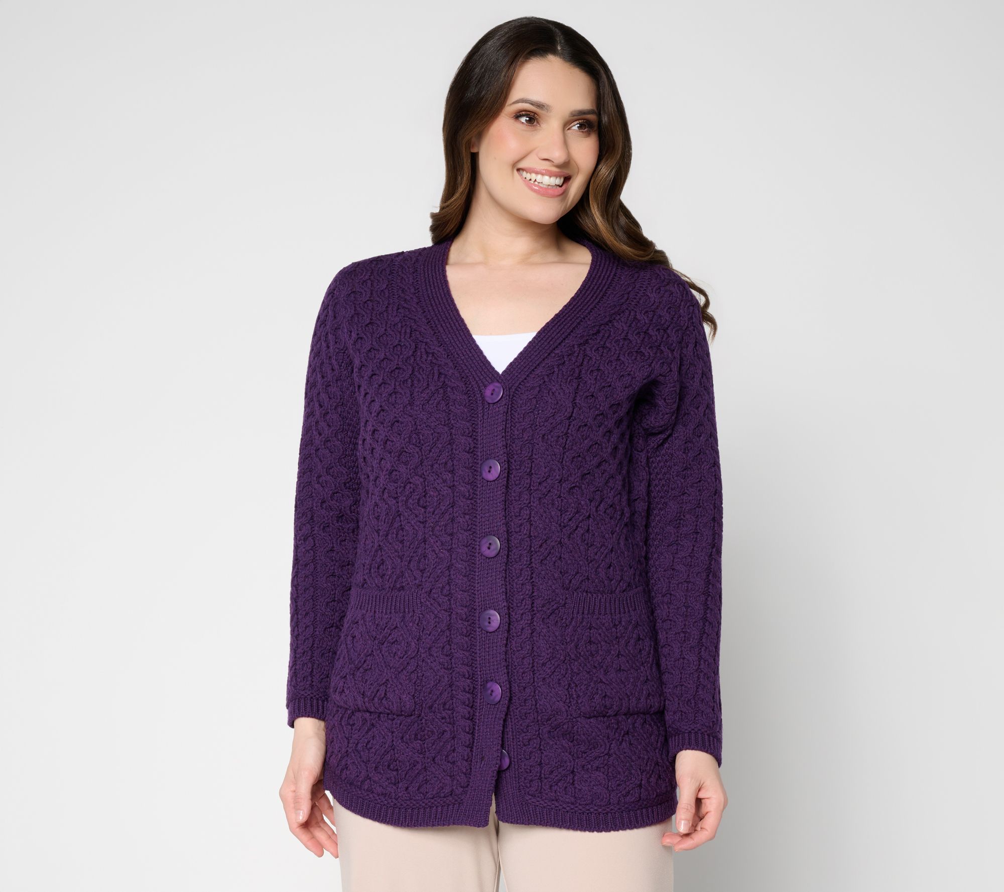 "As Is" Aran Crafts Merino Wool V-Neck Button Front Cardigan