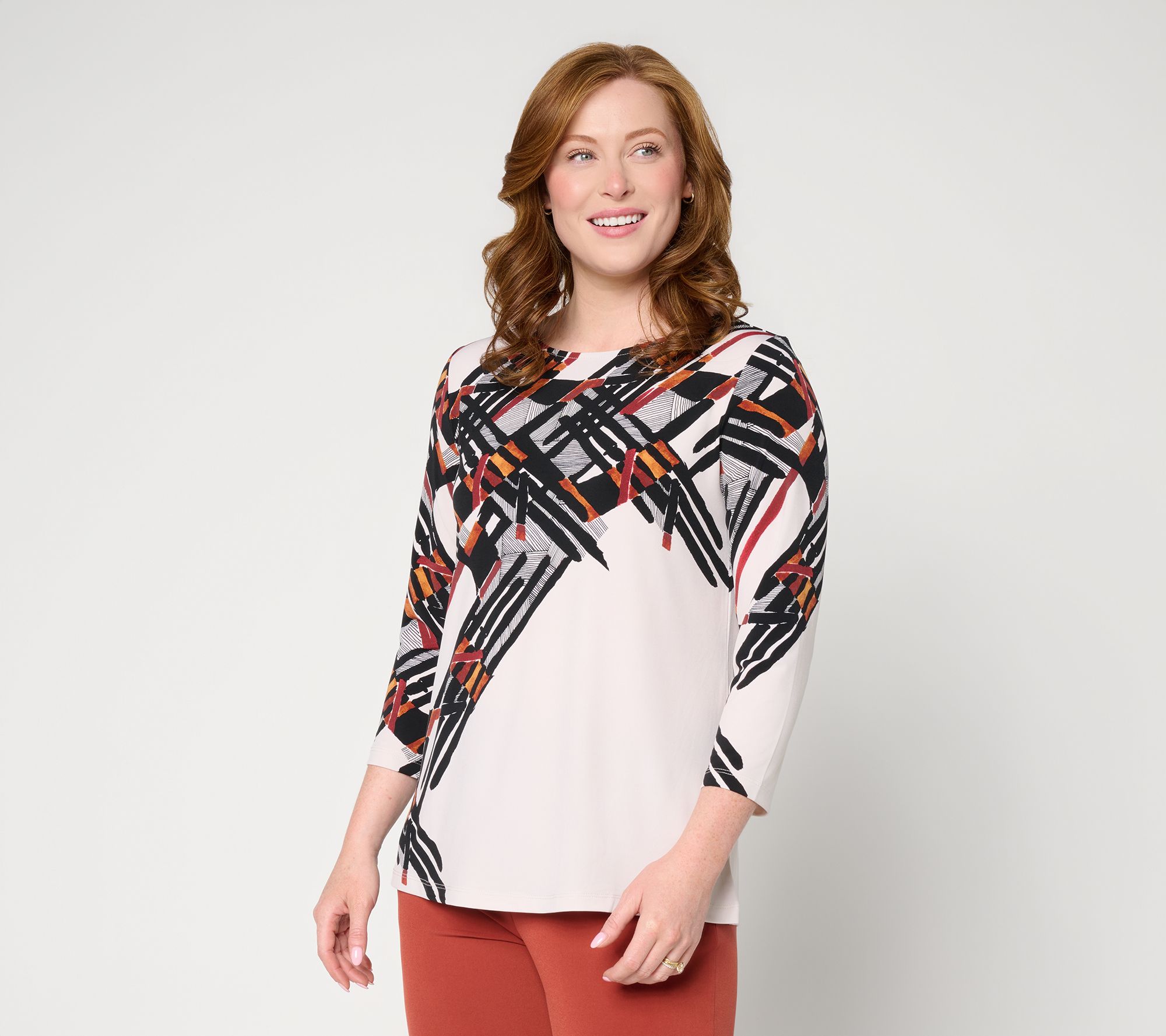 "As Is" Susan Graver Printed LK Luxe Bateau-Neck A-Line 3/4 Top