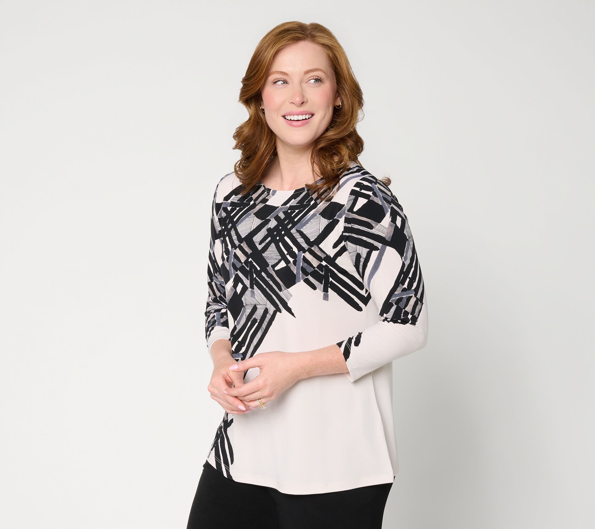 "As Is" Susan Graver Printed LK Luxe Bateau-Neck A-Line 3/4 Top