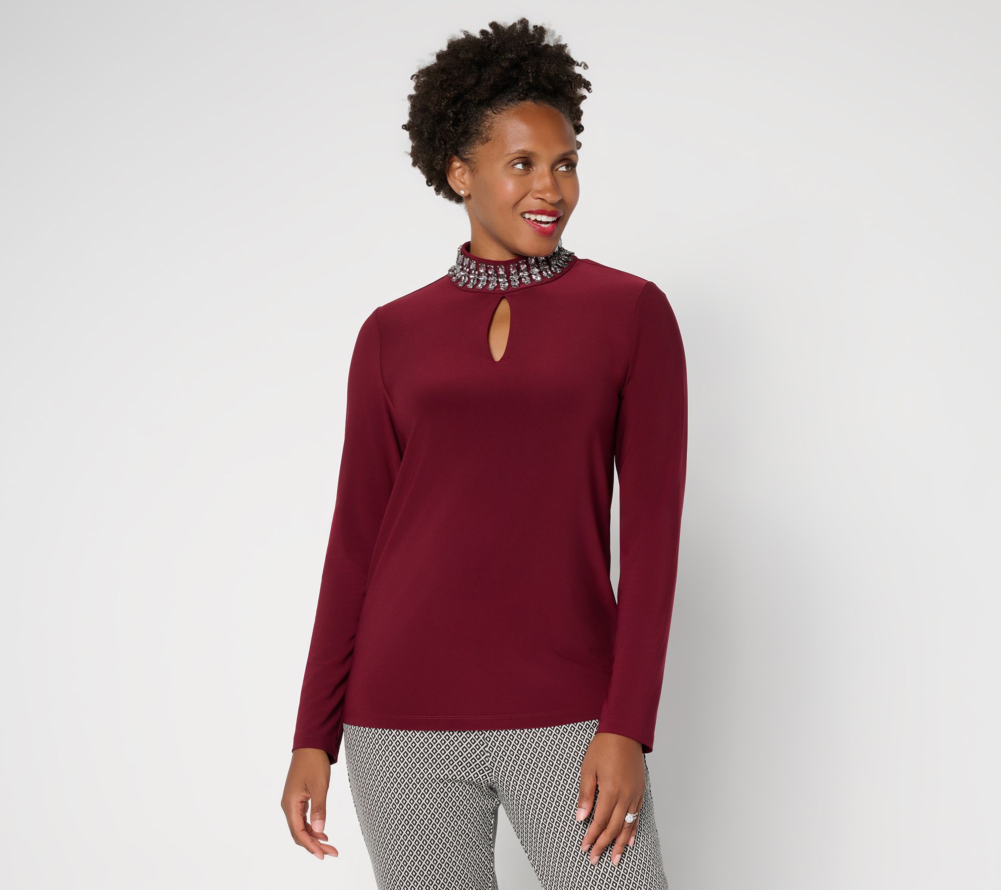  Susan Graver LK Luxe Embellished Turtle-Neck Top w/ Keyhole